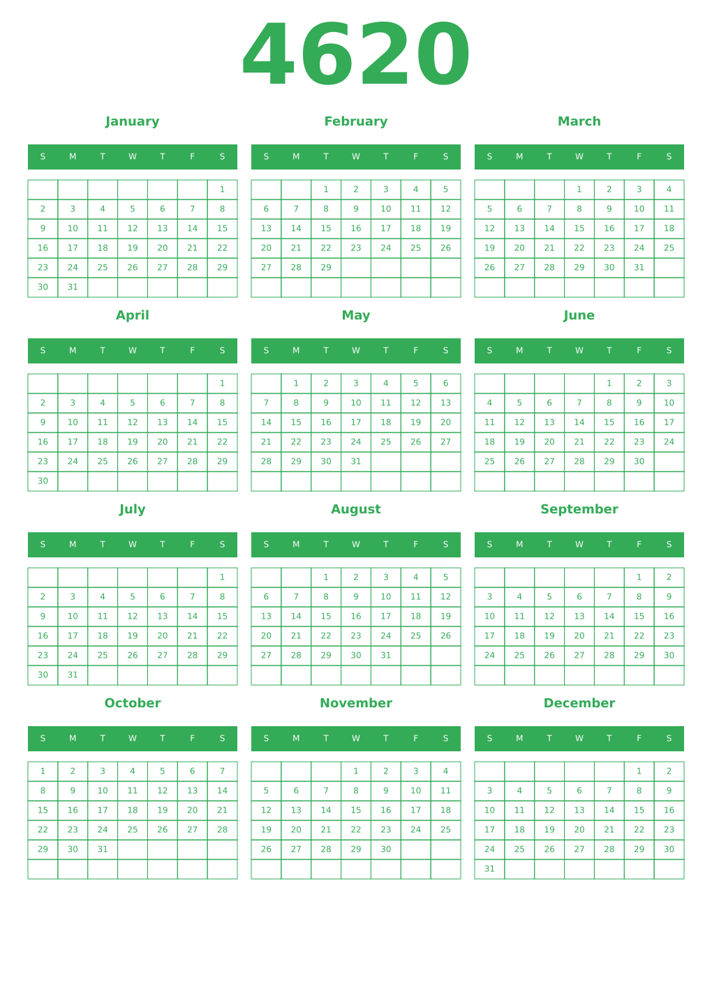 Printable 4620 Year Calendars green