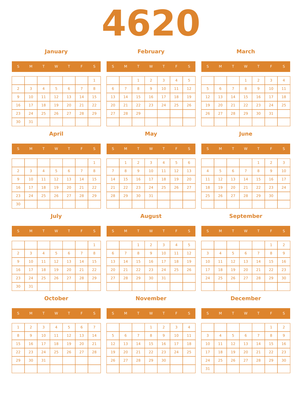 Printable 4620 Year Calendars orange
