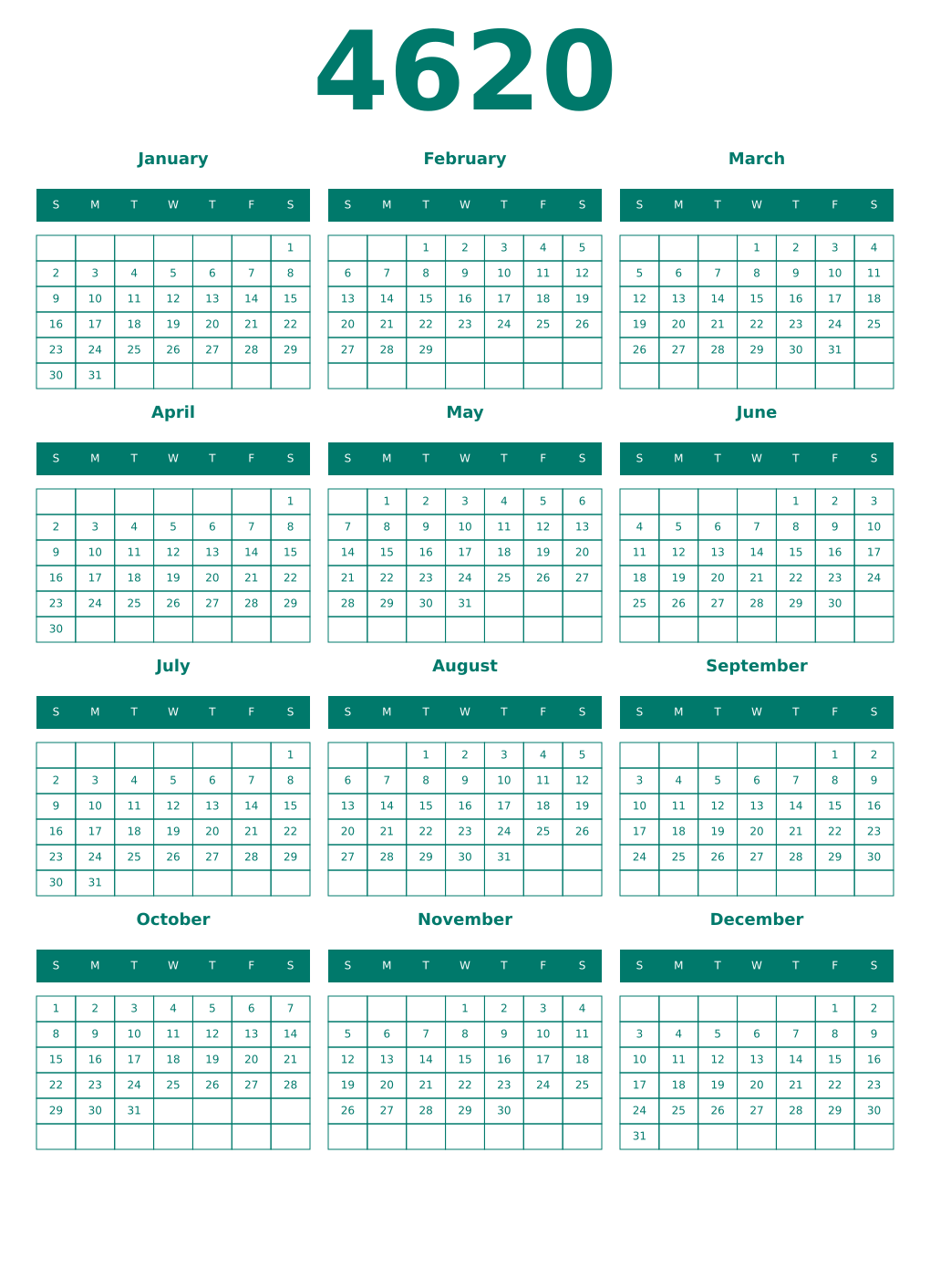 Printable 4620 Year Calendars pastel