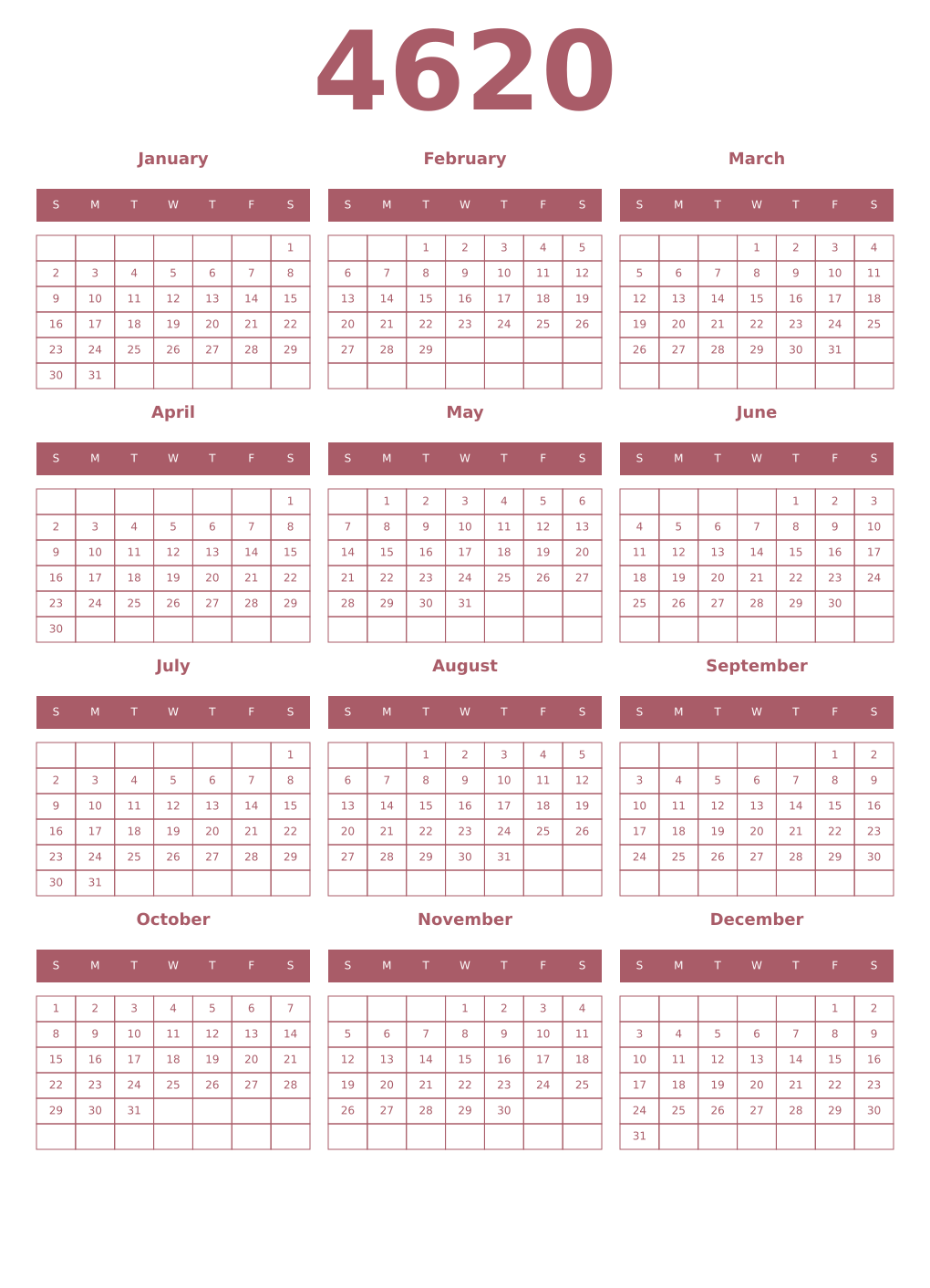 Printable 4620 Year Calendars puce