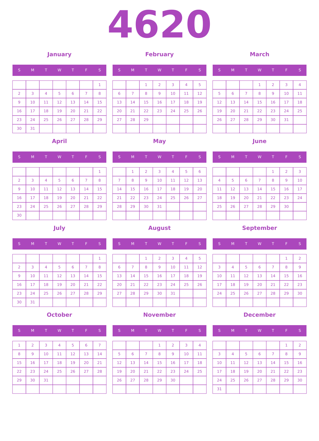 Printable 4620 Year Calendars purple