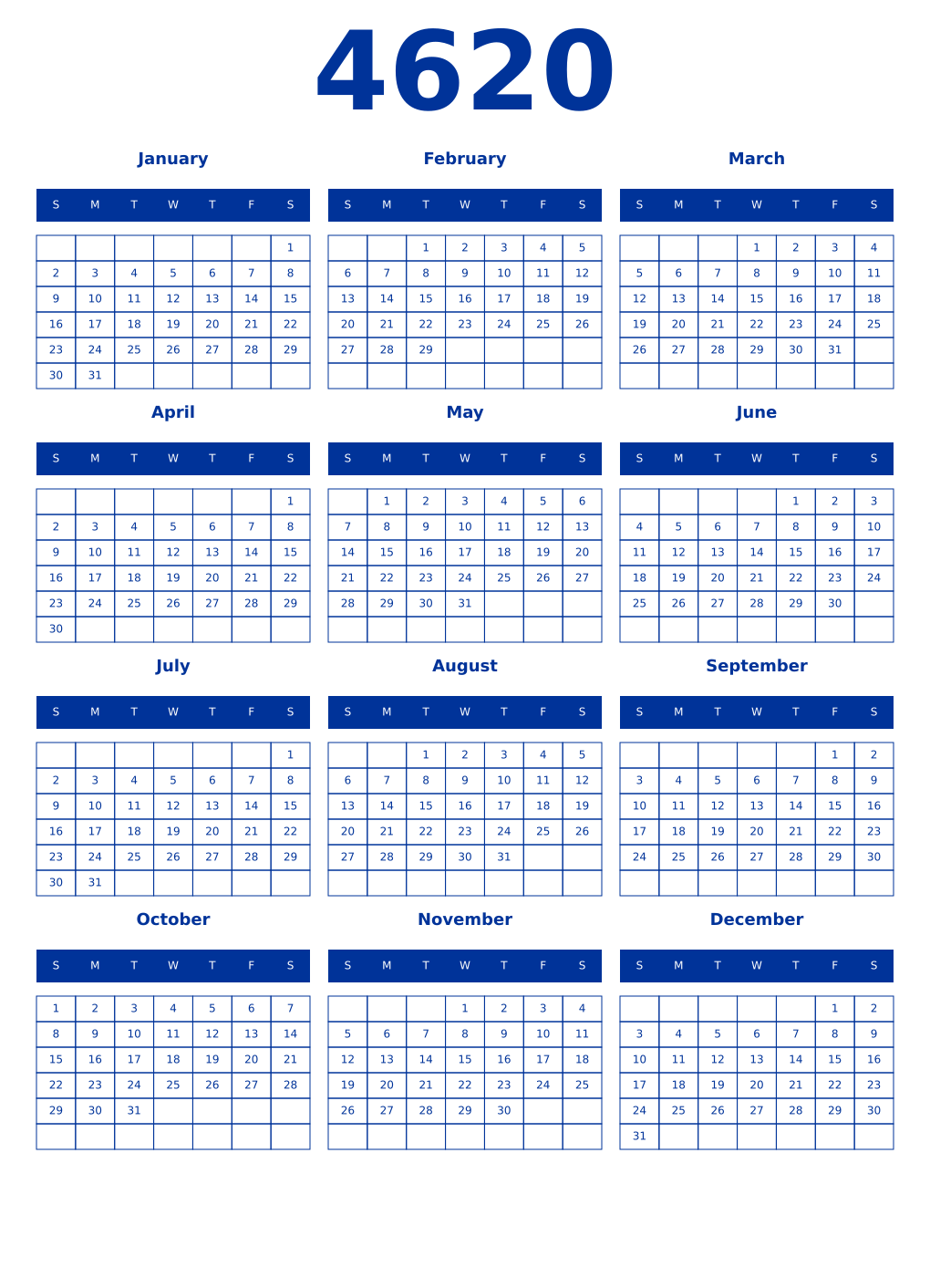 Printable 4620 Year Calendars smalt