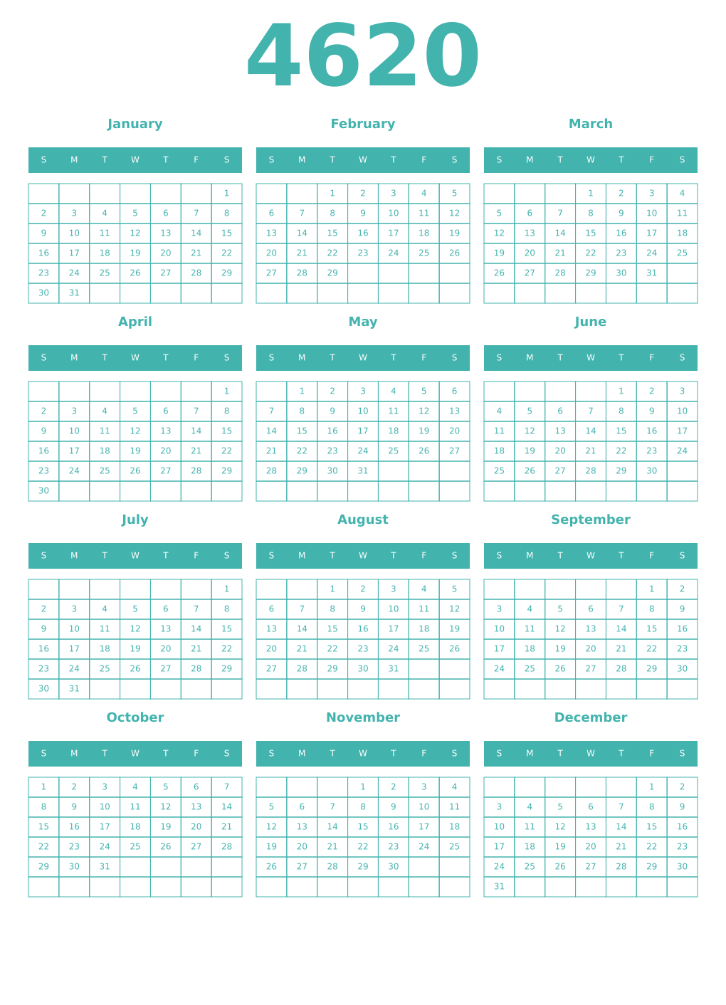 Printable 4620 Year Calendars verdigris