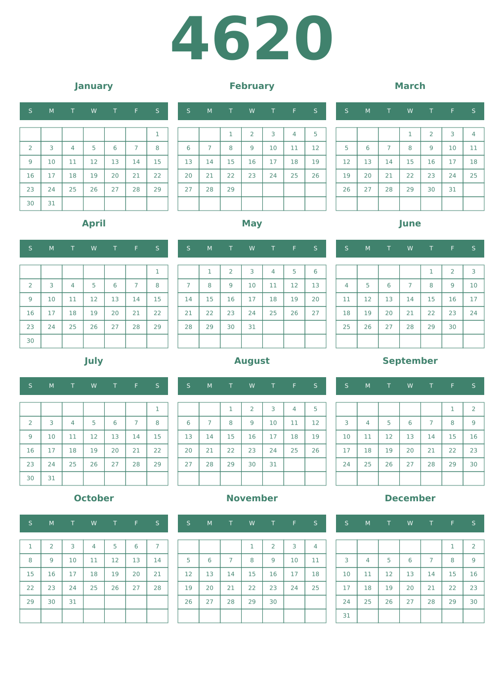 Printable 4620 Year Calendars viridian