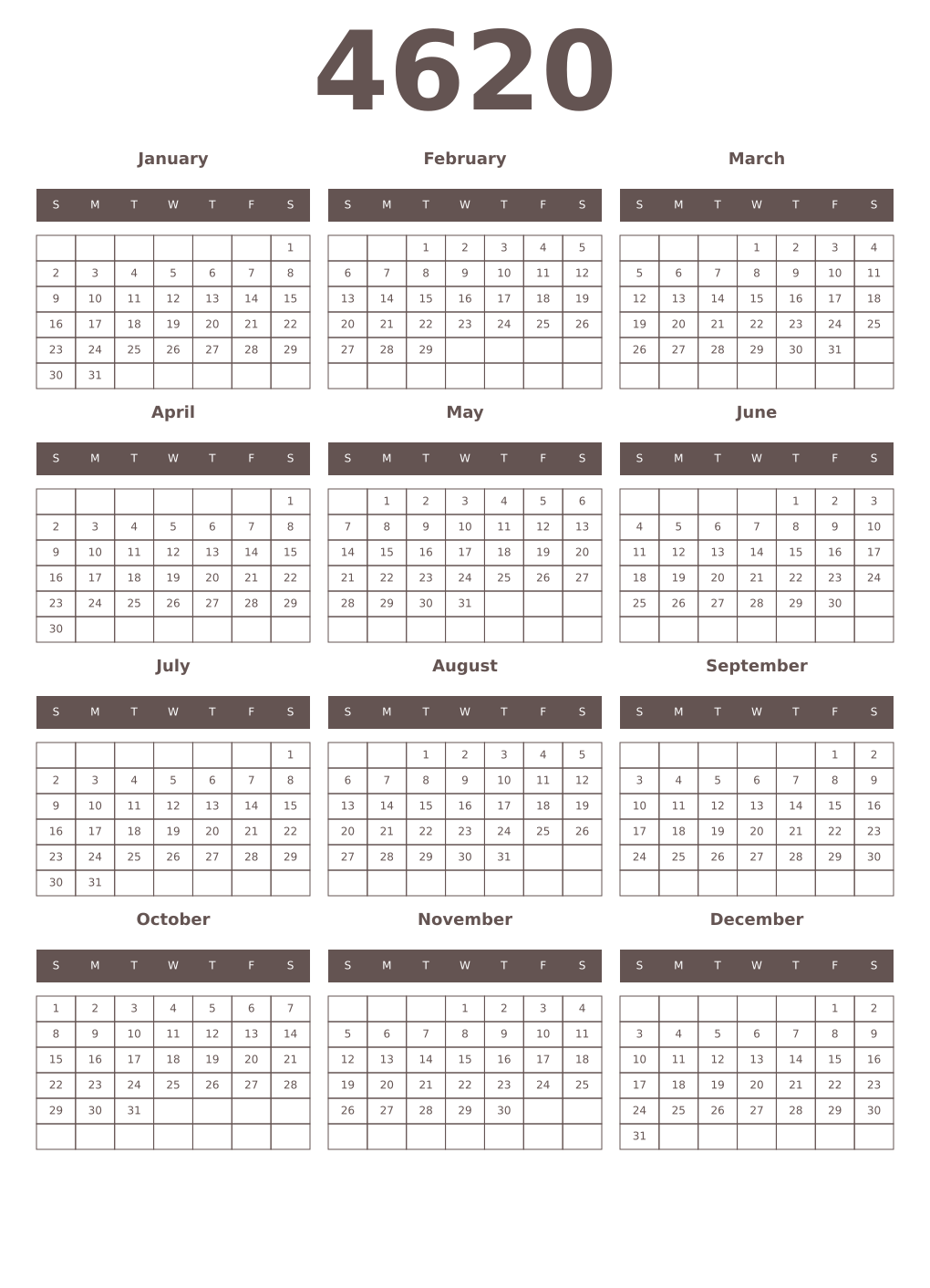 Printable 4620 Year Calendars wenge