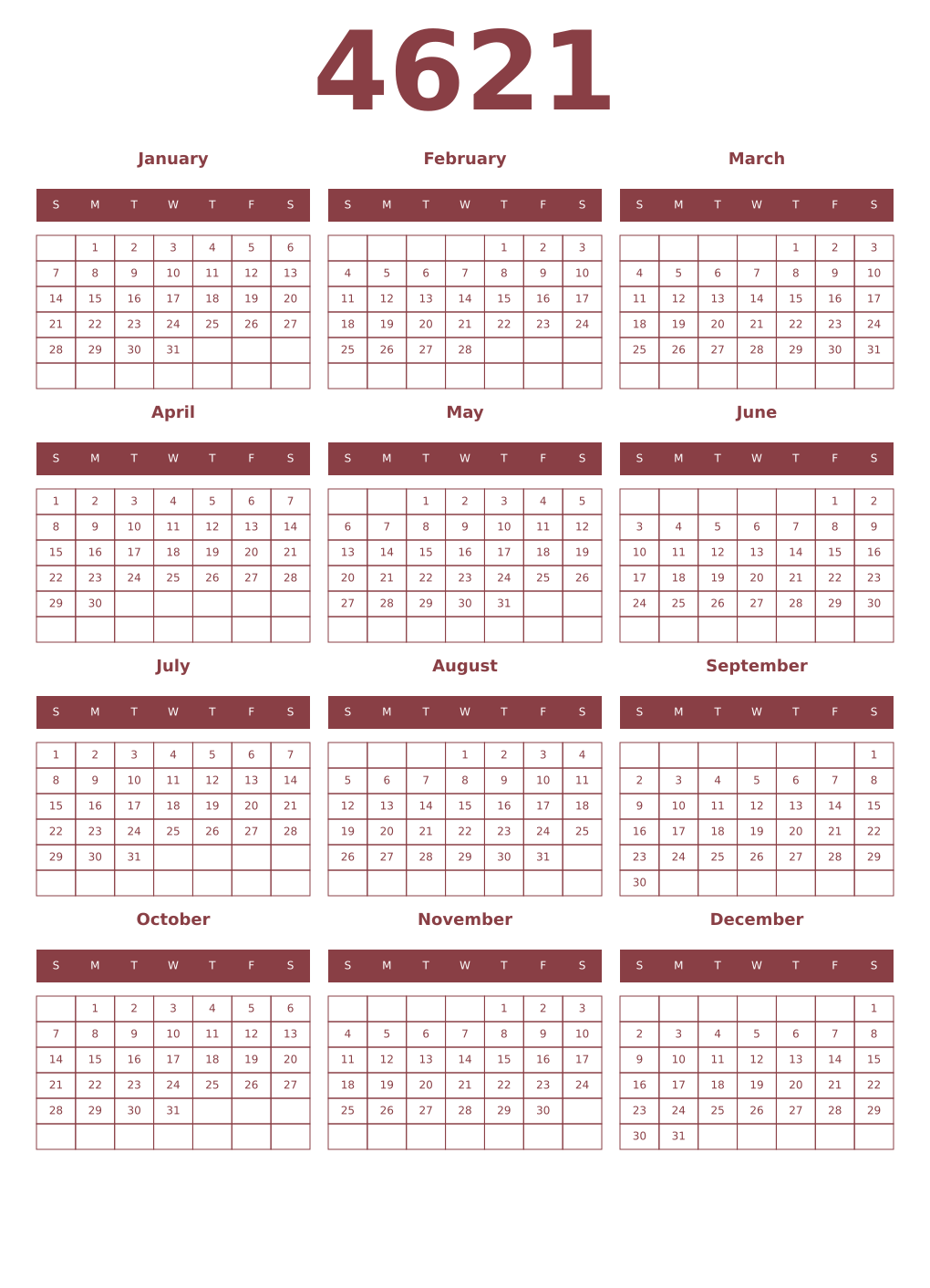 Printable 4621 Year Calendars cordovan