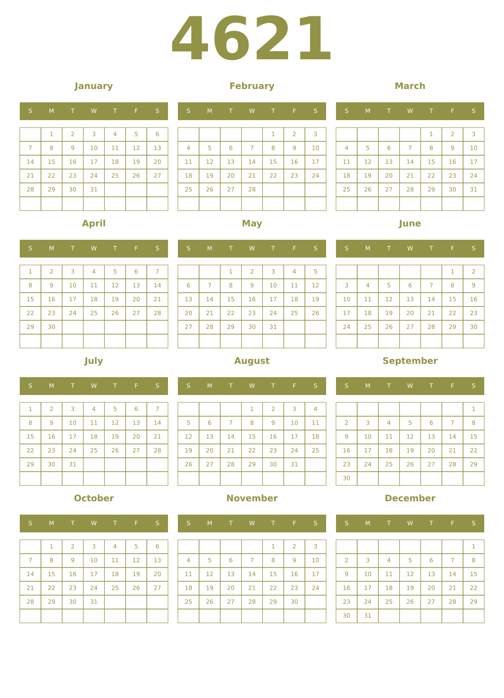 Printable 4621 Year Calendars eburnean