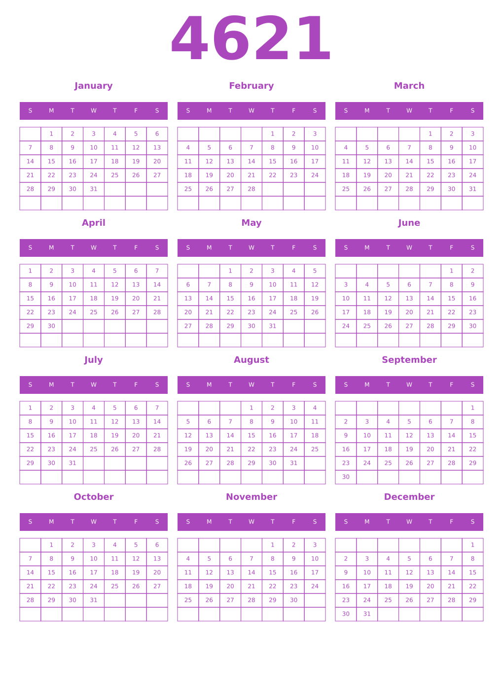 Printable 4621 Year Calendars purple