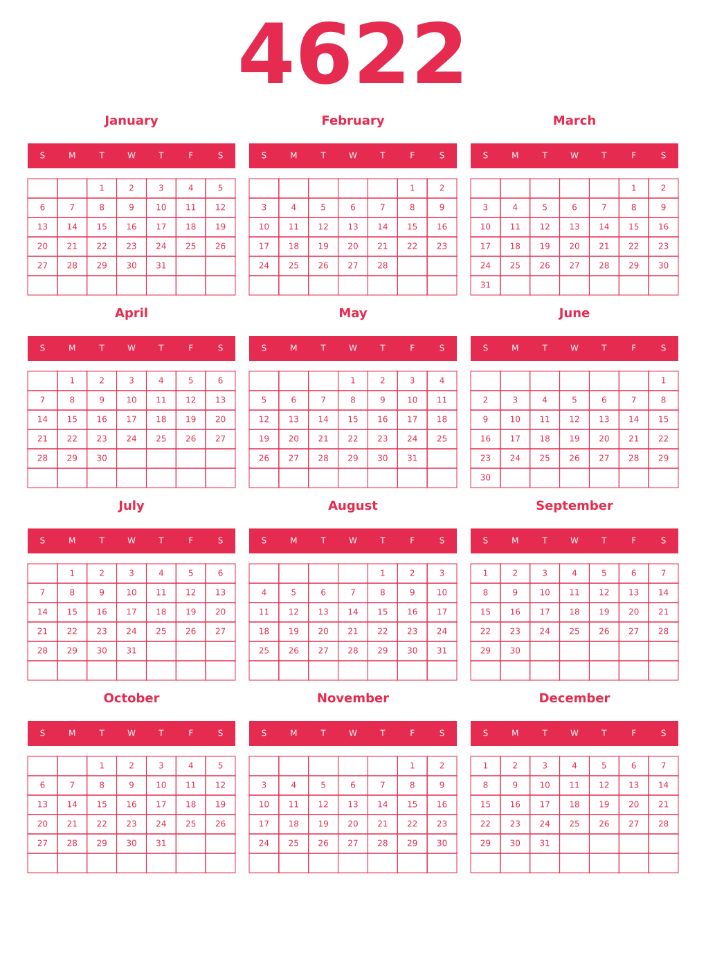 Printable 4622 Year Calendars amaranth