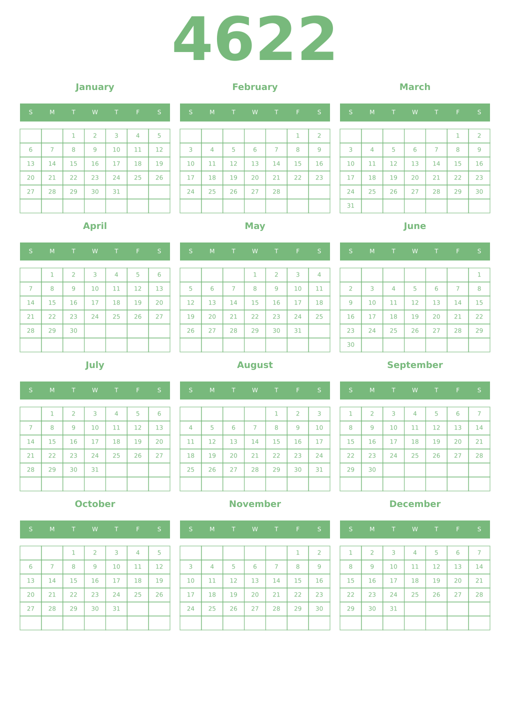 Printable 4622 Year Calendars celadon