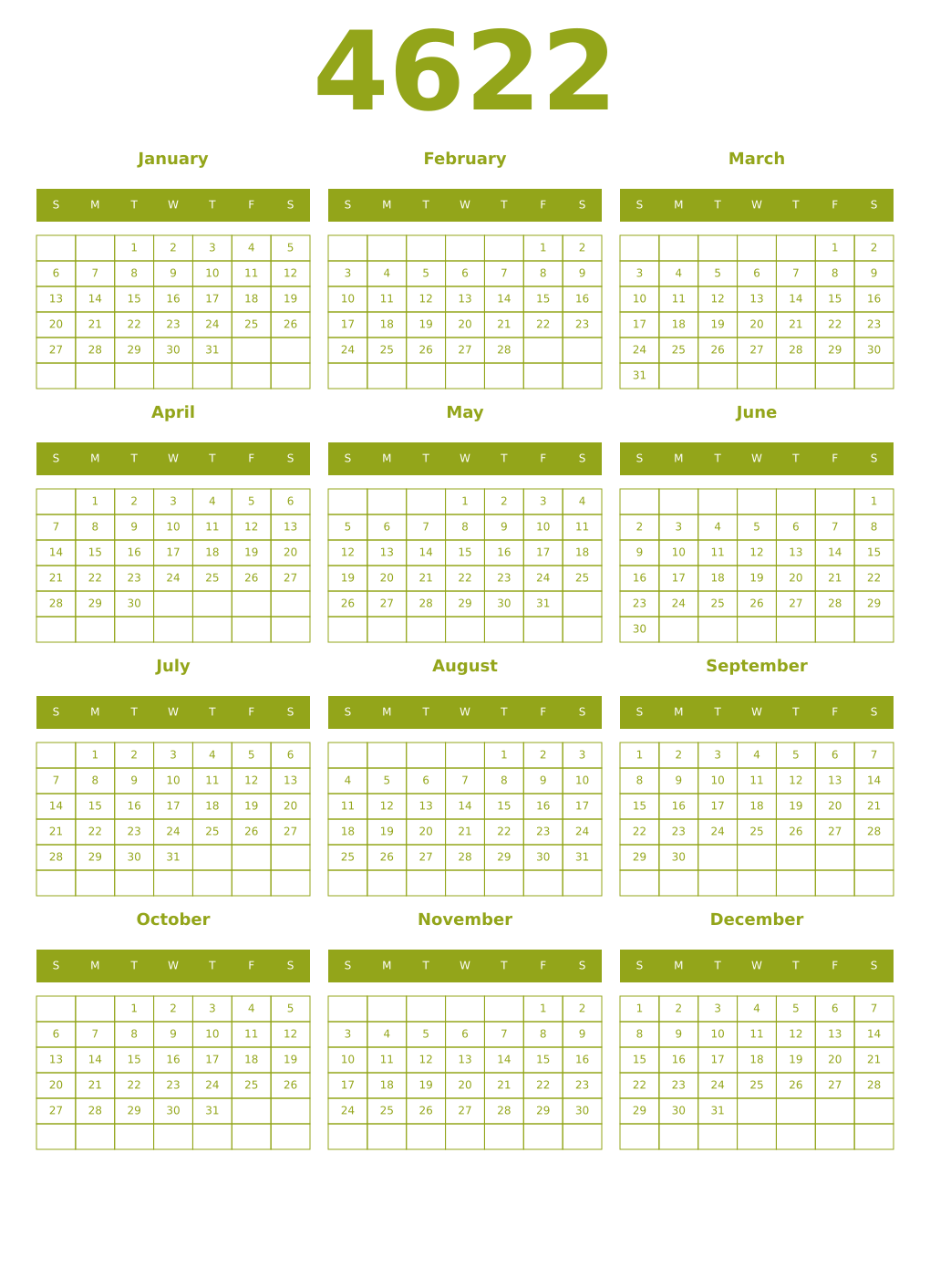 Printable 4622 Year Calendars chartreuse