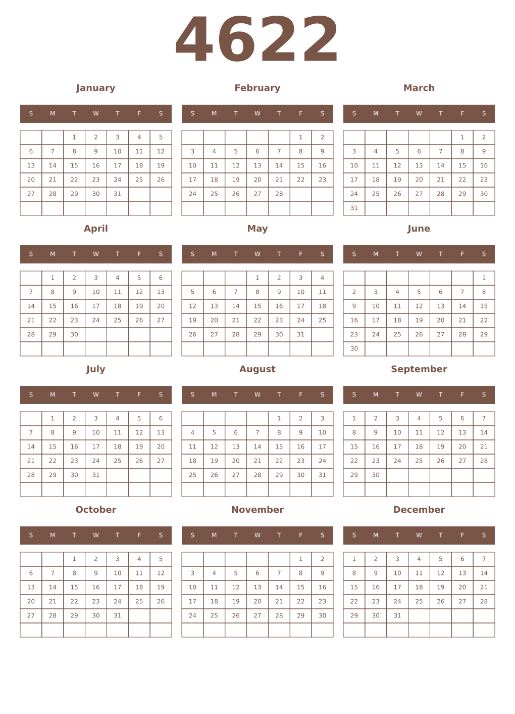 Printable 4622 Year Calendars coffe