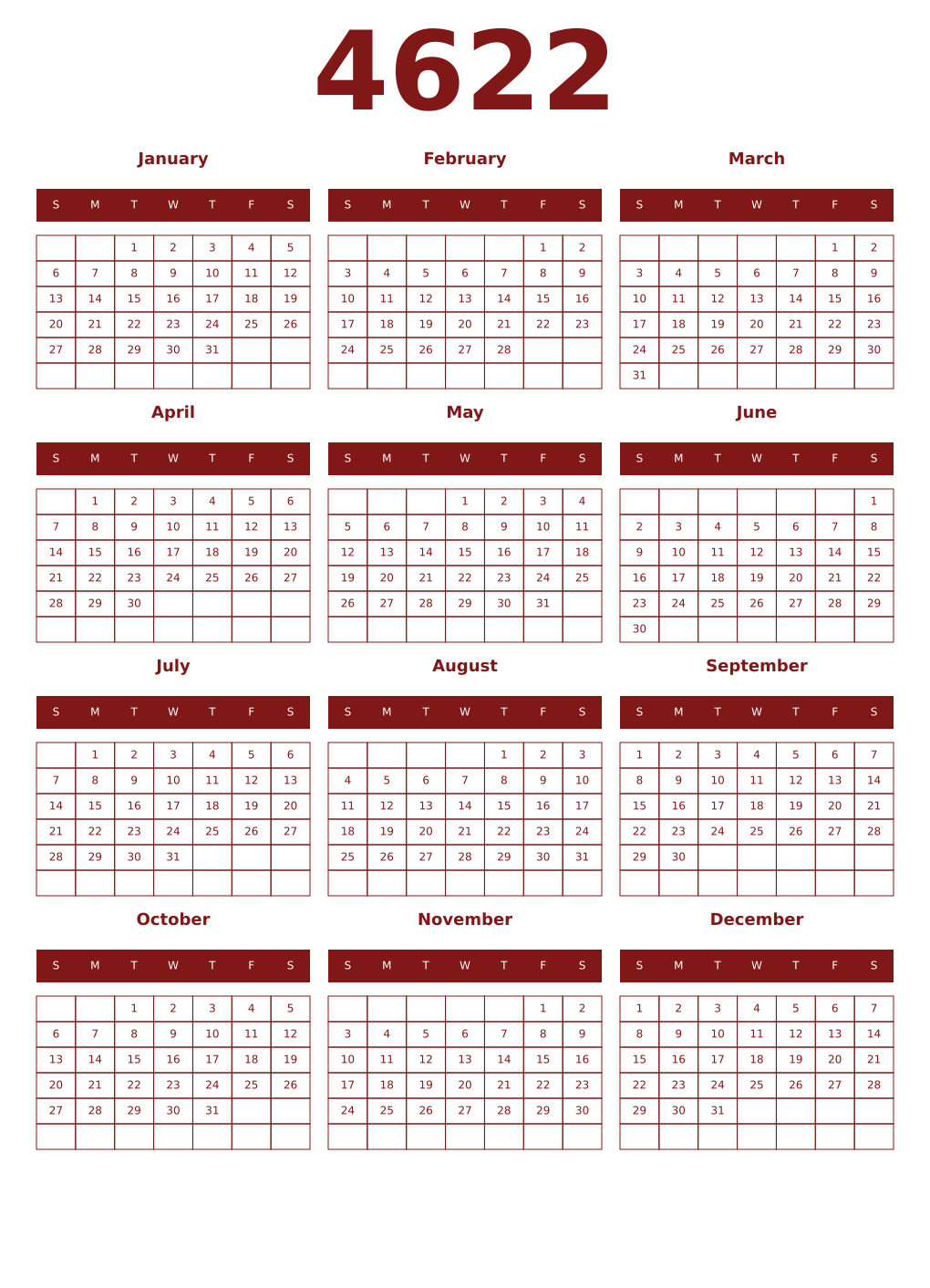 Printable 4622 Year Calendars falu