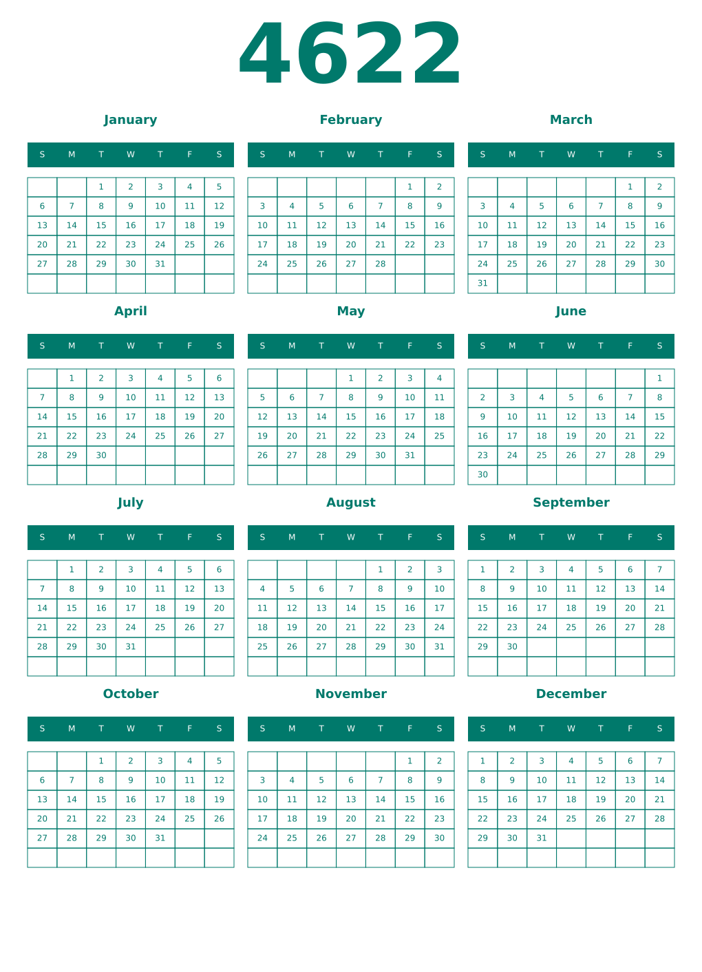 Printable 4622 Year Calendars pastel