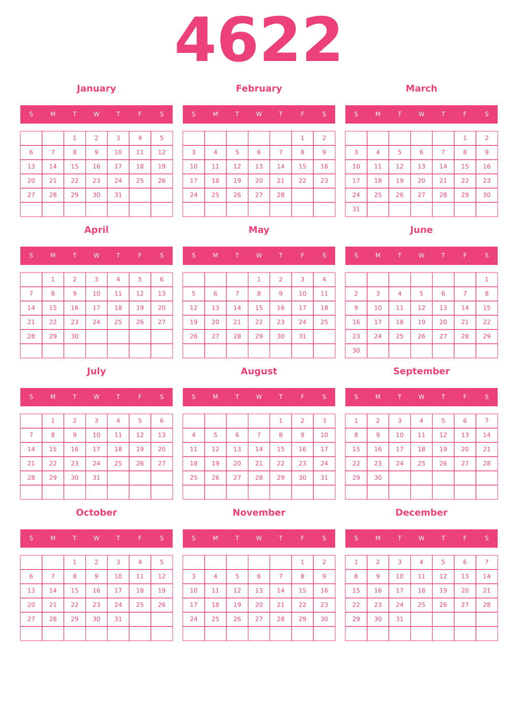 Printable 4622 Year Calendars pink