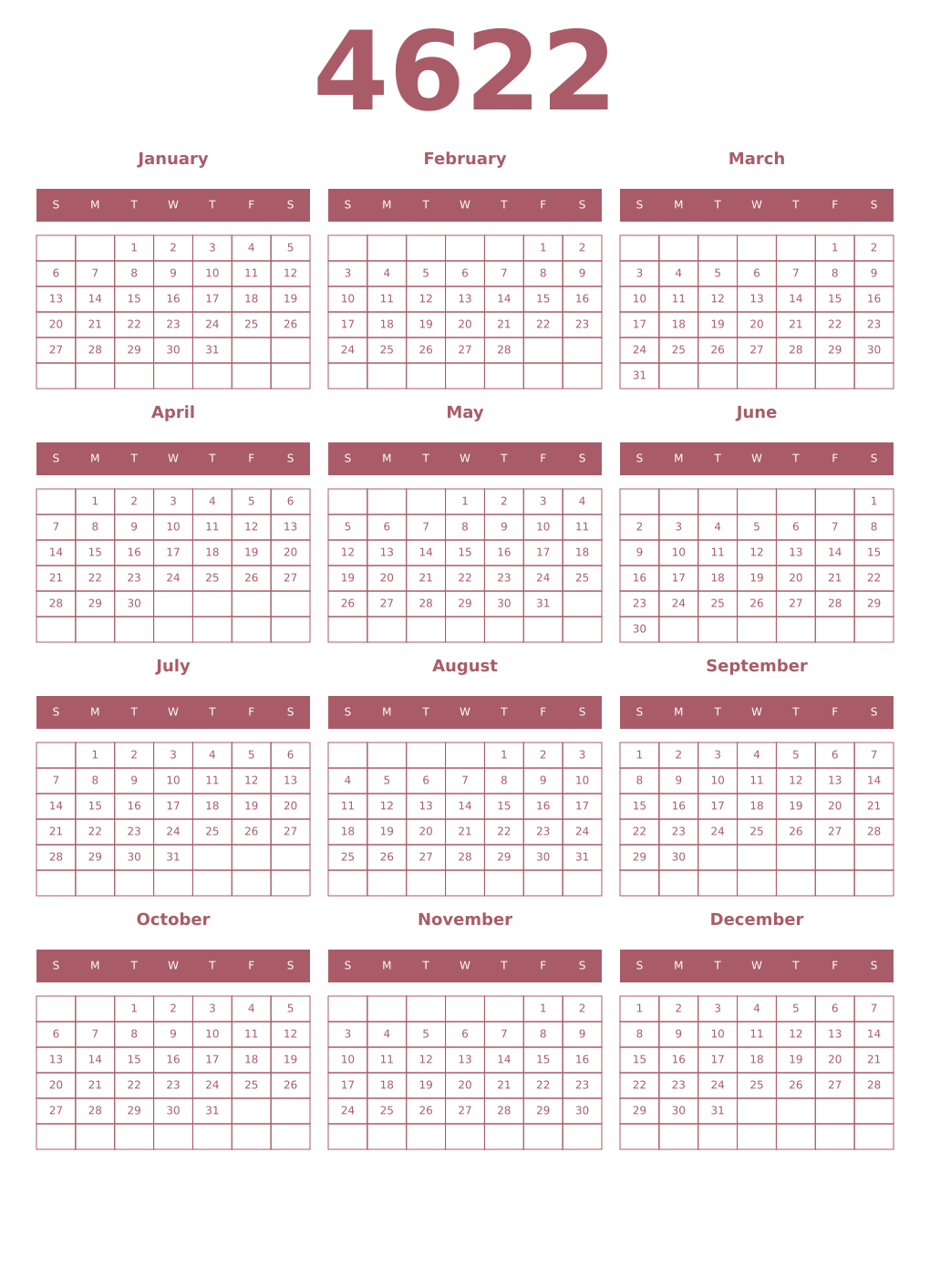 Printable 4622 Year Calendars puce