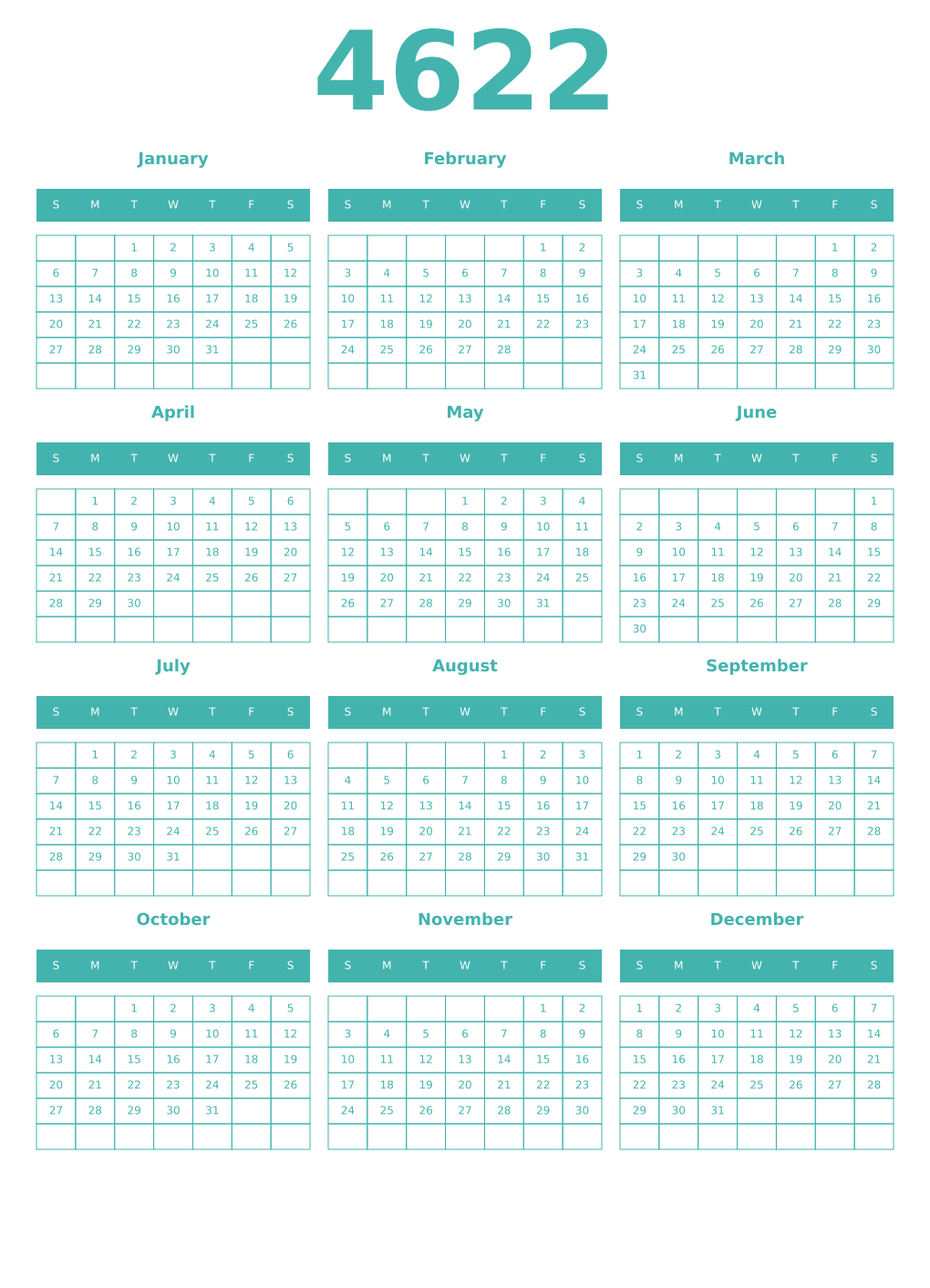 Printable 4622 Year Calendars verdigris