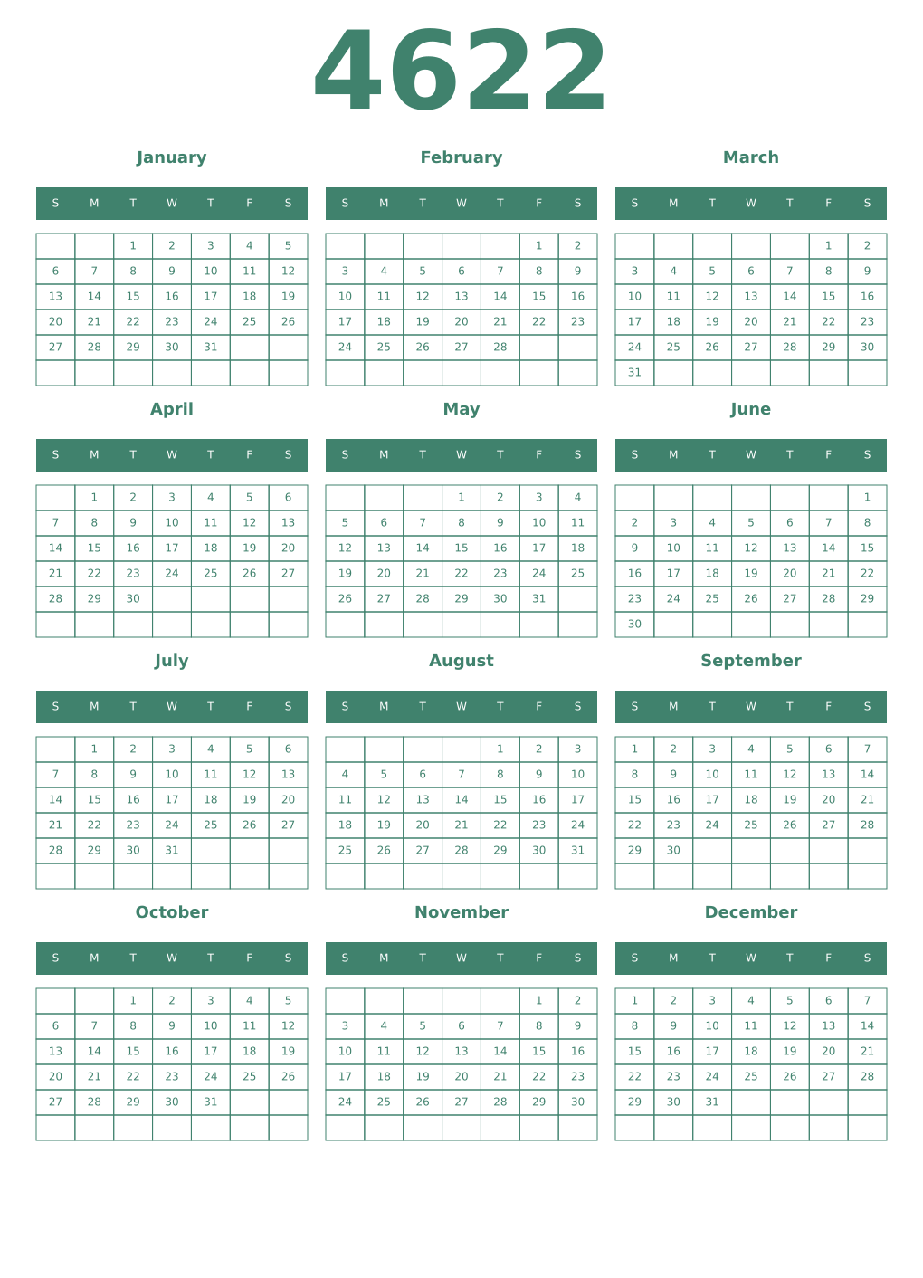 Printable 4622 Year Calendars viridian