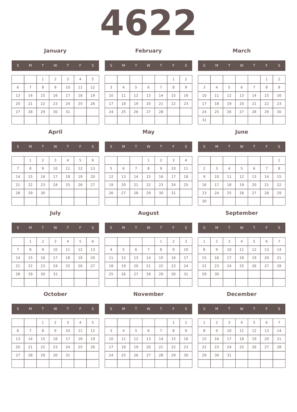 Printable 4622 Year Calendars wenge