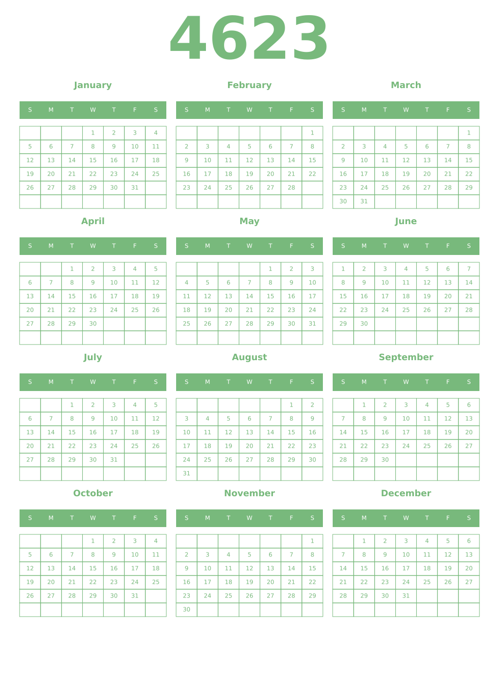 Printable 4623 Year Calendars celadon