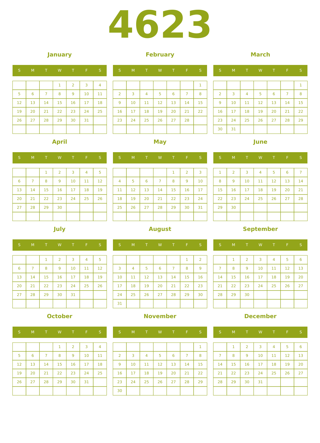 Printable 4623 Year Calendars chartreuse