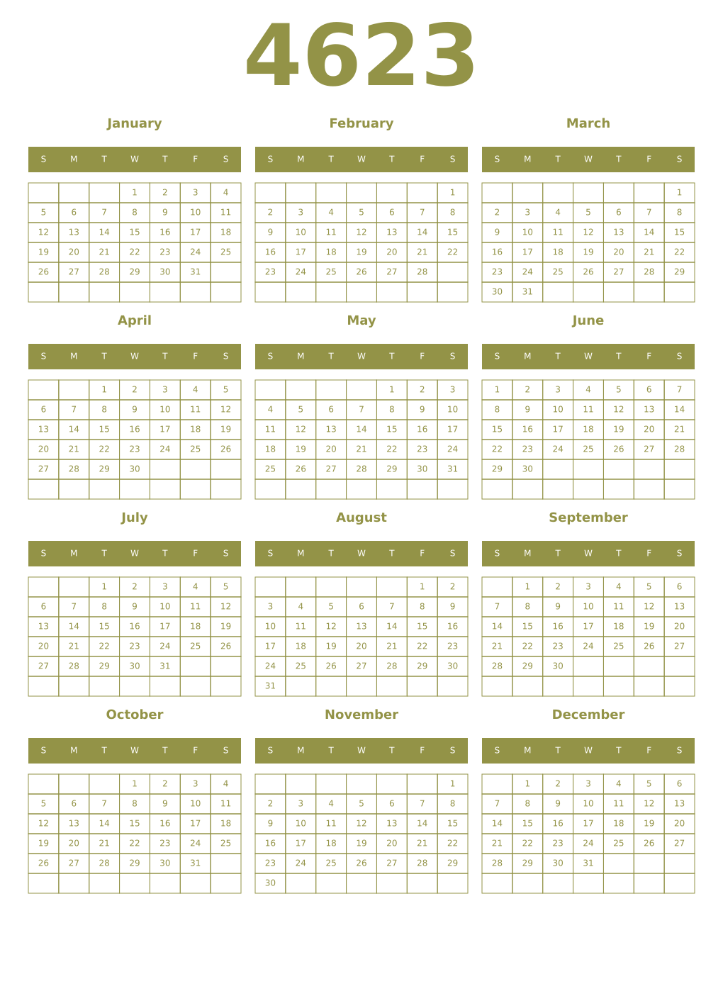Printable 4623 Year Calendars eburnean