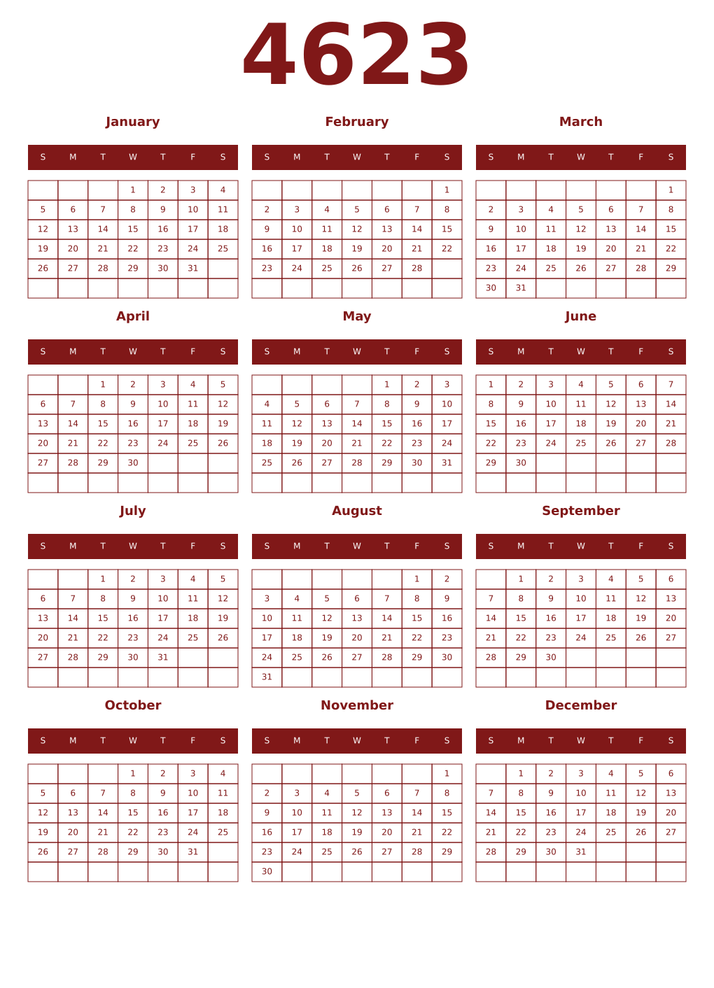 Printable 4623 Year Calendars falu