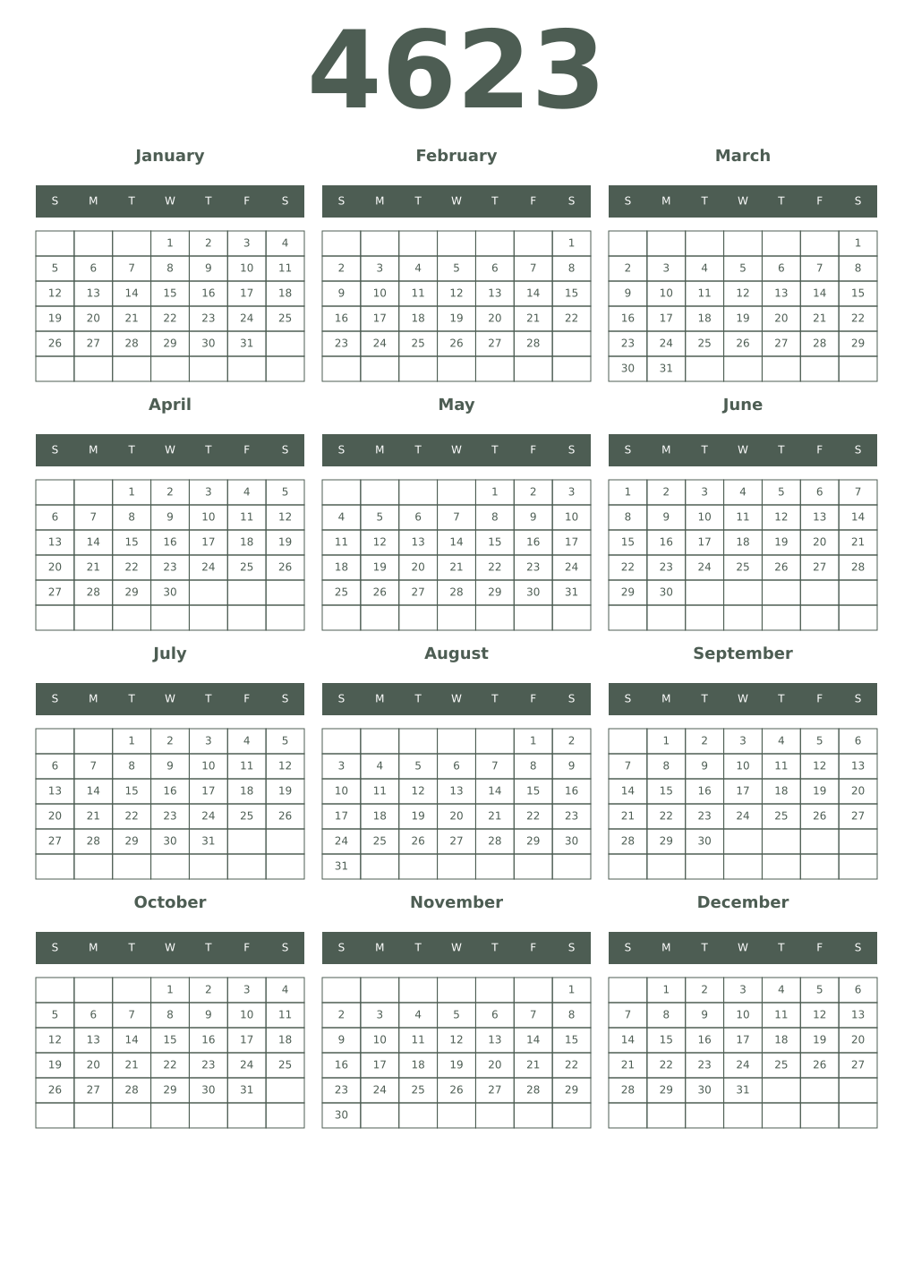 Printable 4623 Year Calendars feldgrau