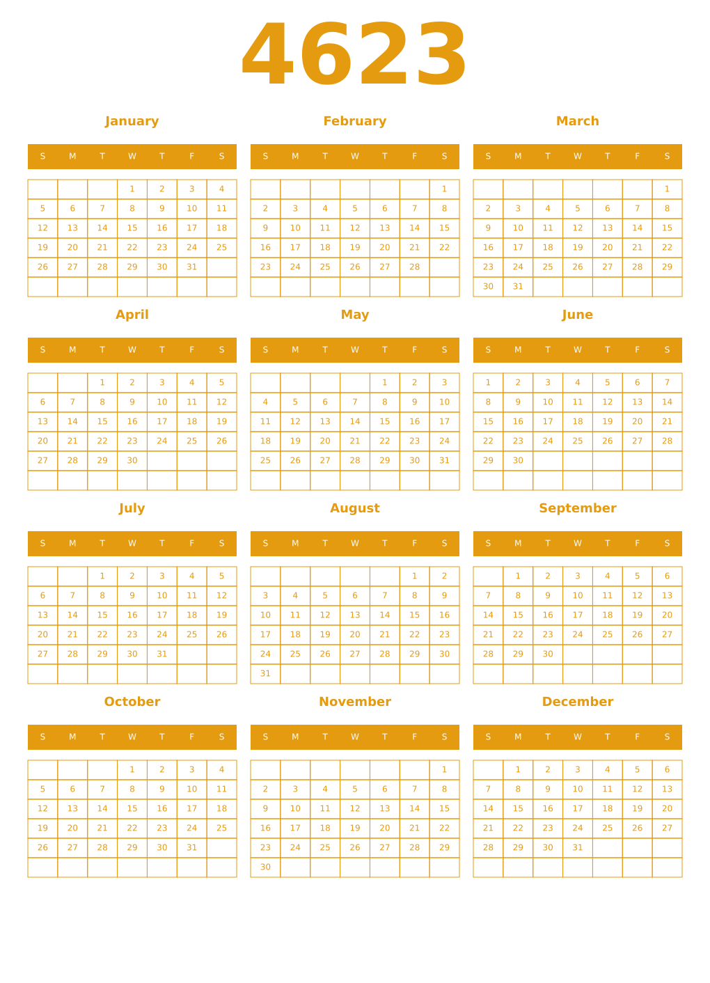 Printable 4623 Year Calendars gamboge