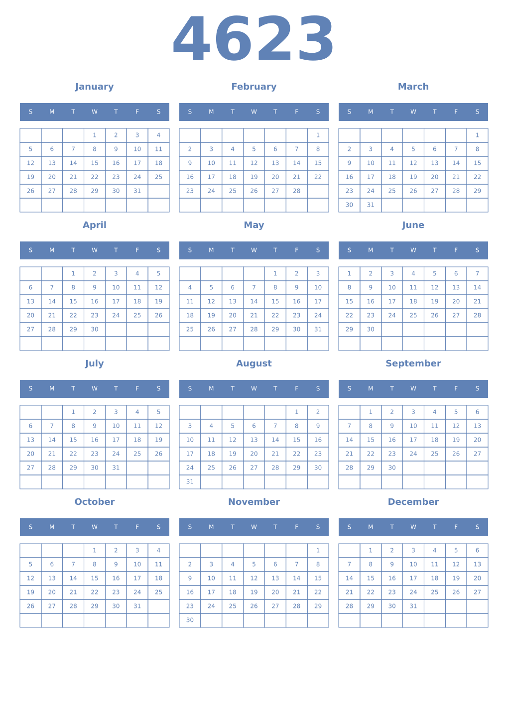 Printable 4623 Year Calendars glaucous