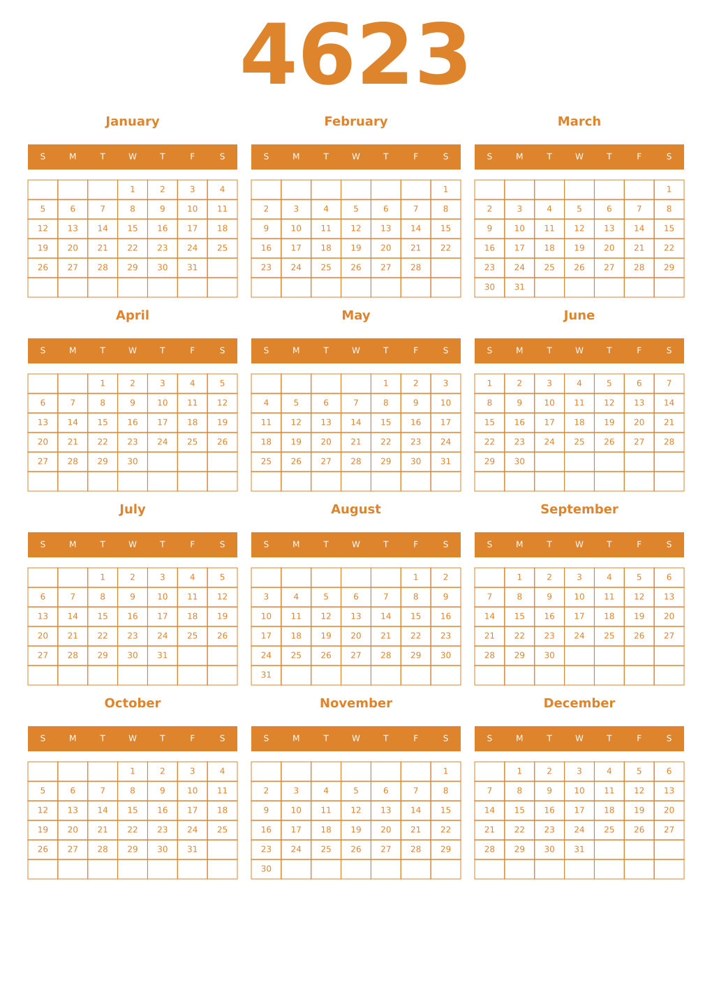 Printable 4623 Year Calendars orange