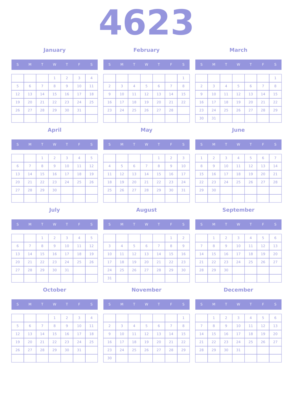 Printable 4623 Year Calendars periwinkle