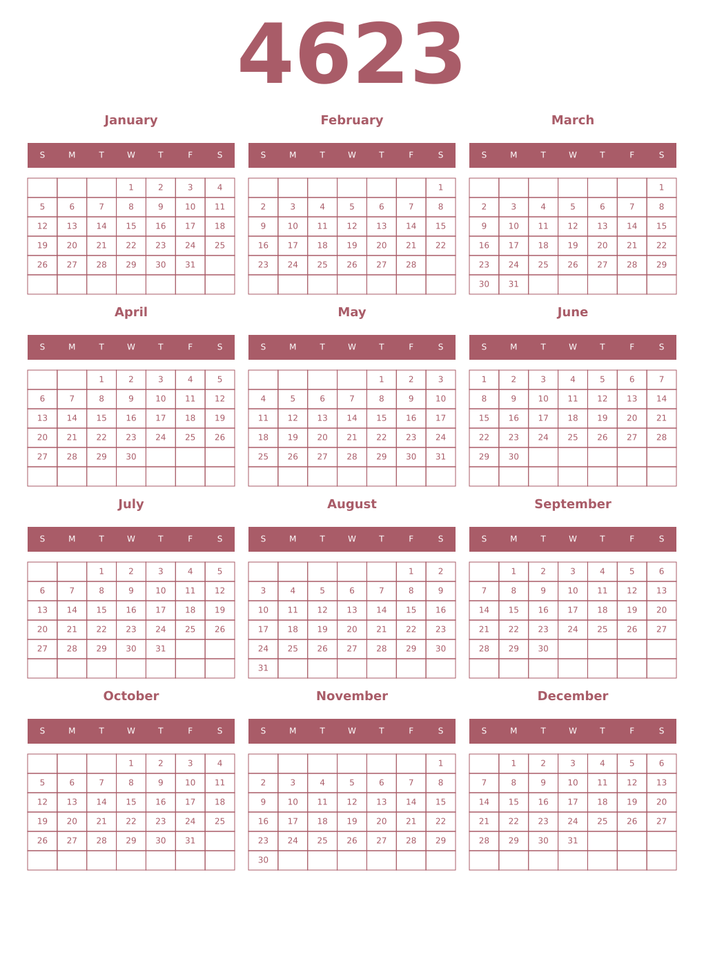Printable 4623 Year Calendars puce