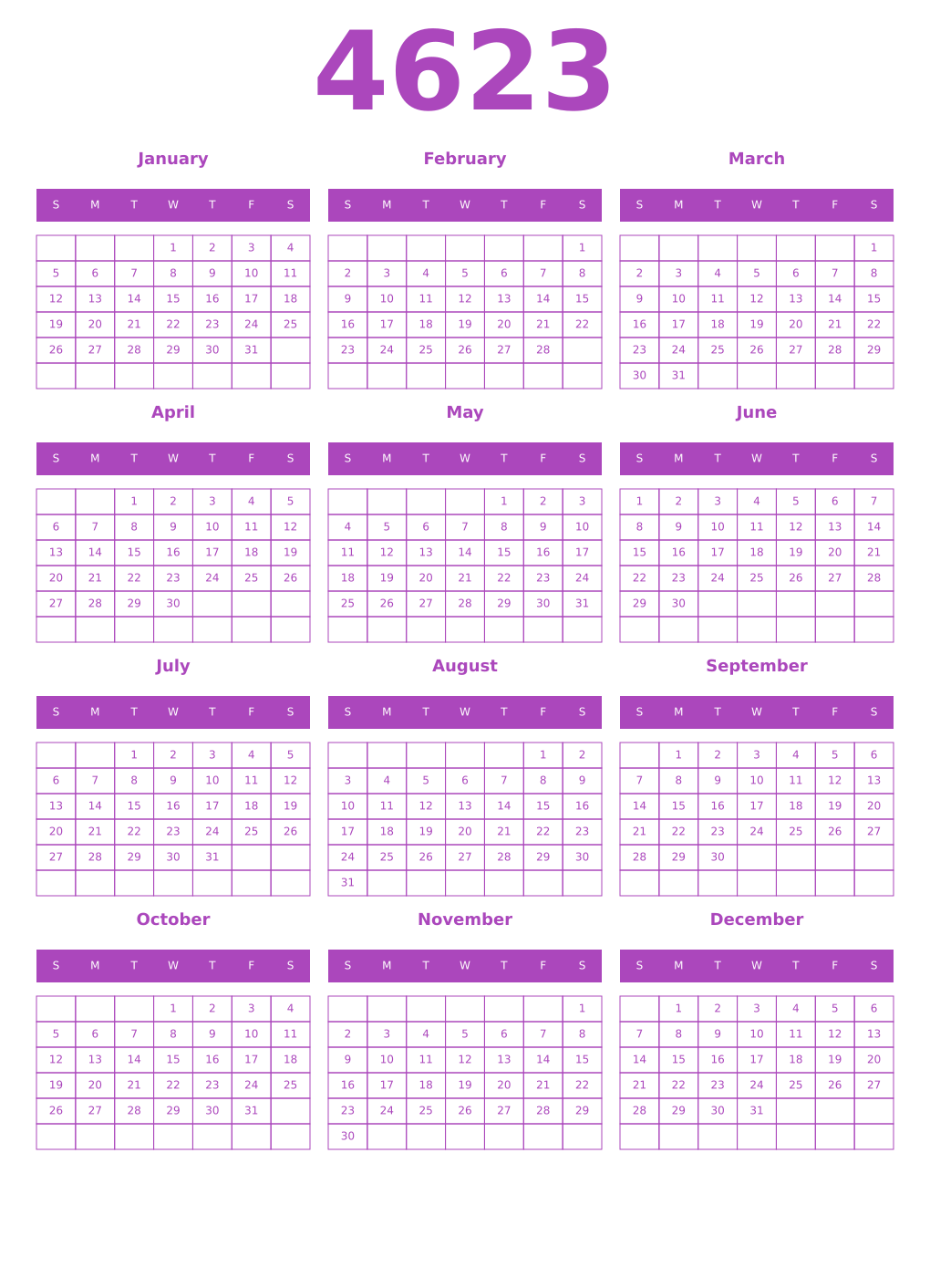 Printable 4623 Year Calendars purple
