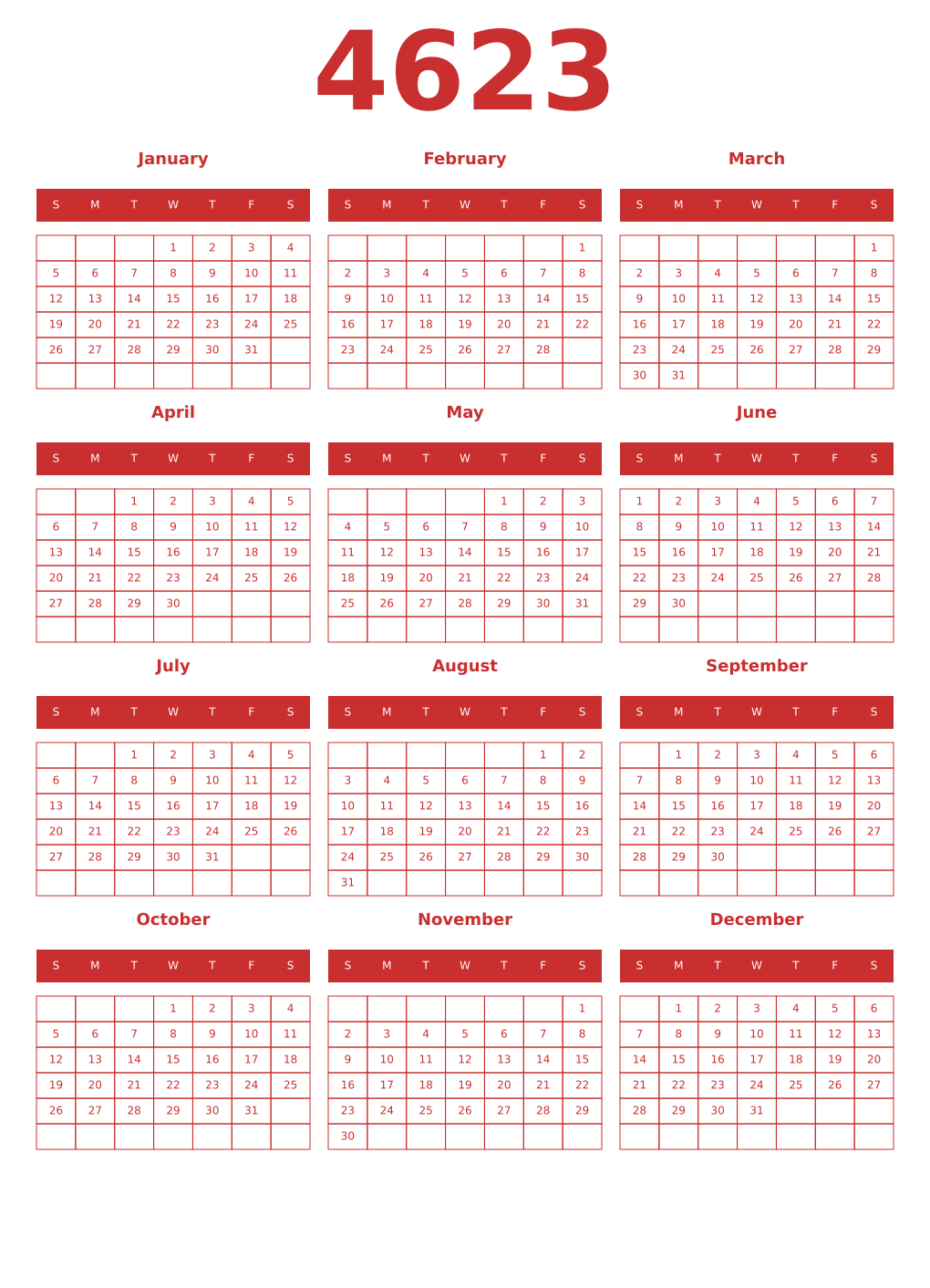 Printable 4623 Year Calendars red