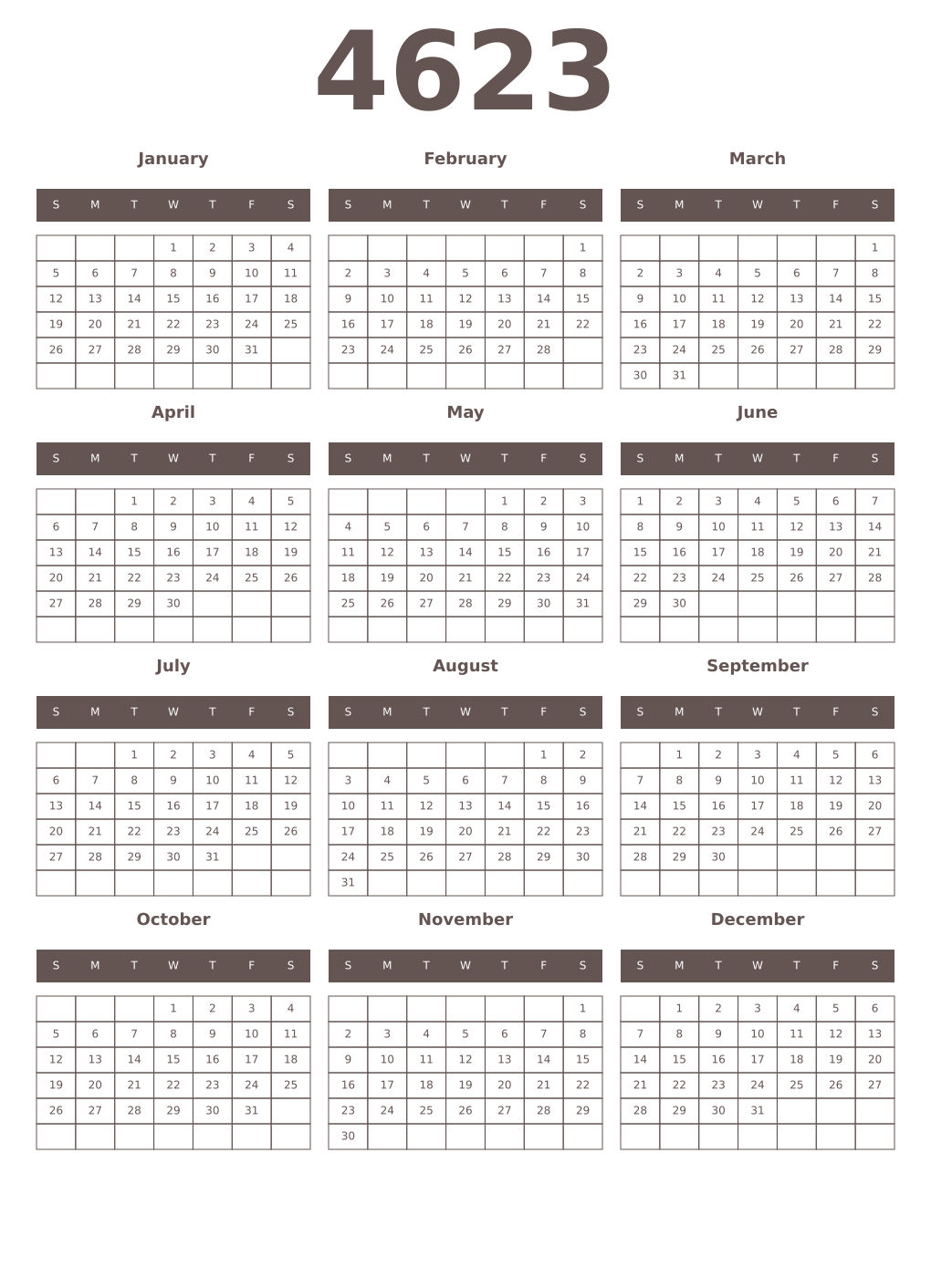Printable 4623 Year Calendars wenge