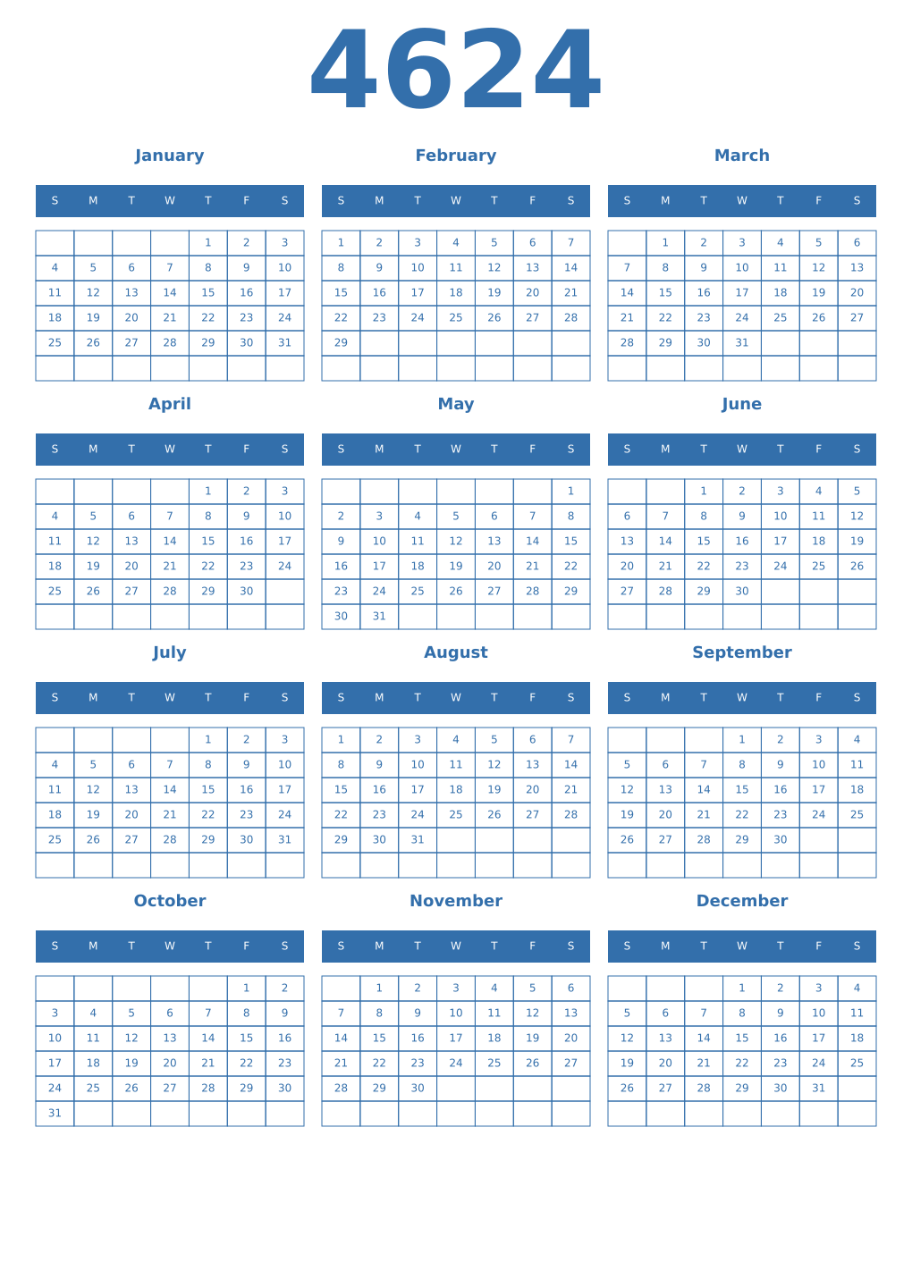 Printable 4624 Year Calendars blue