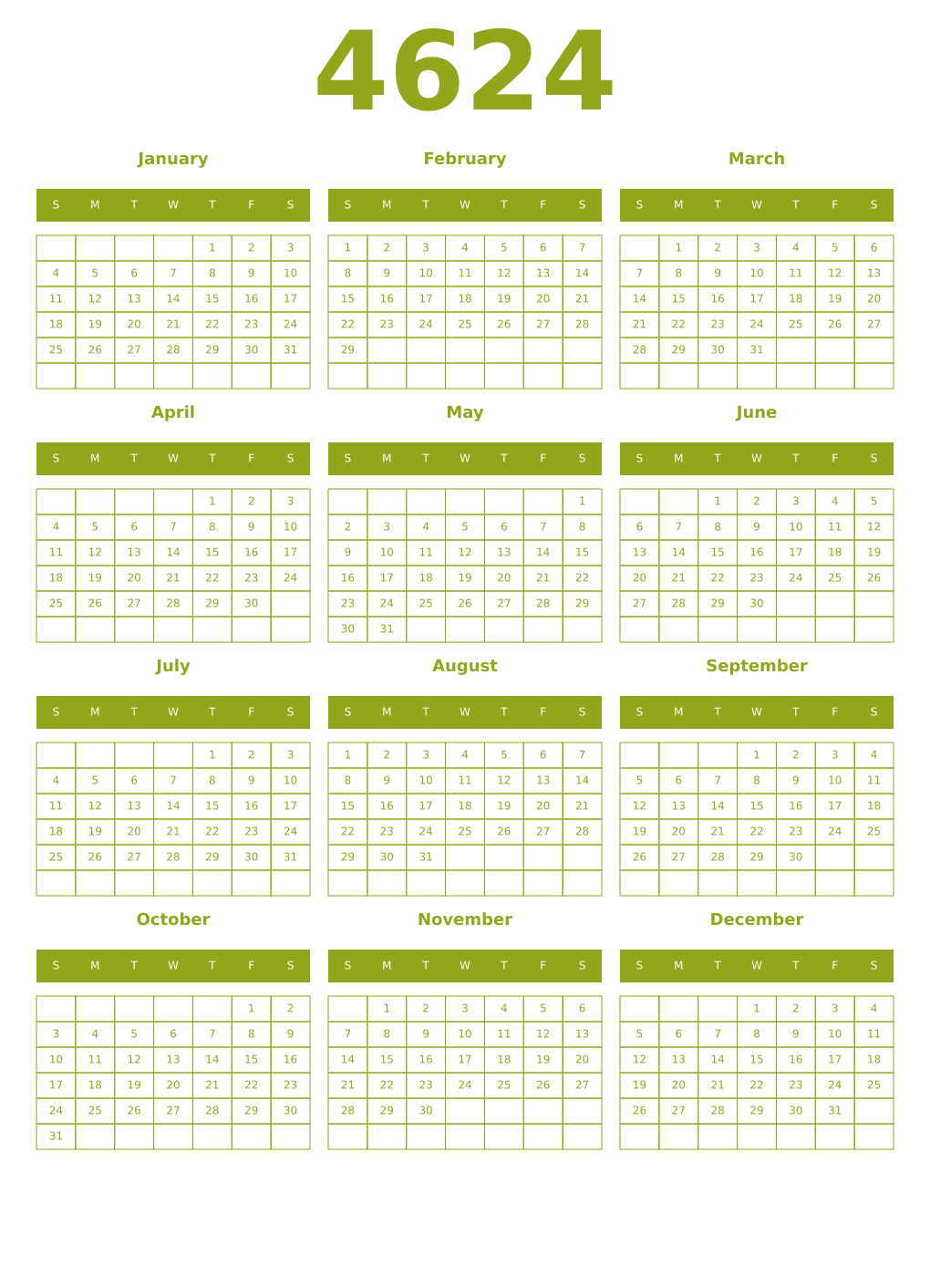 Printable 4624 Year Calendars chartreuse