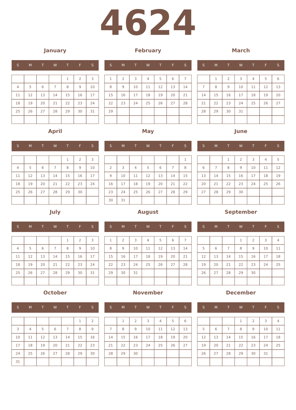 Printable 4624 Year Calendars coffe