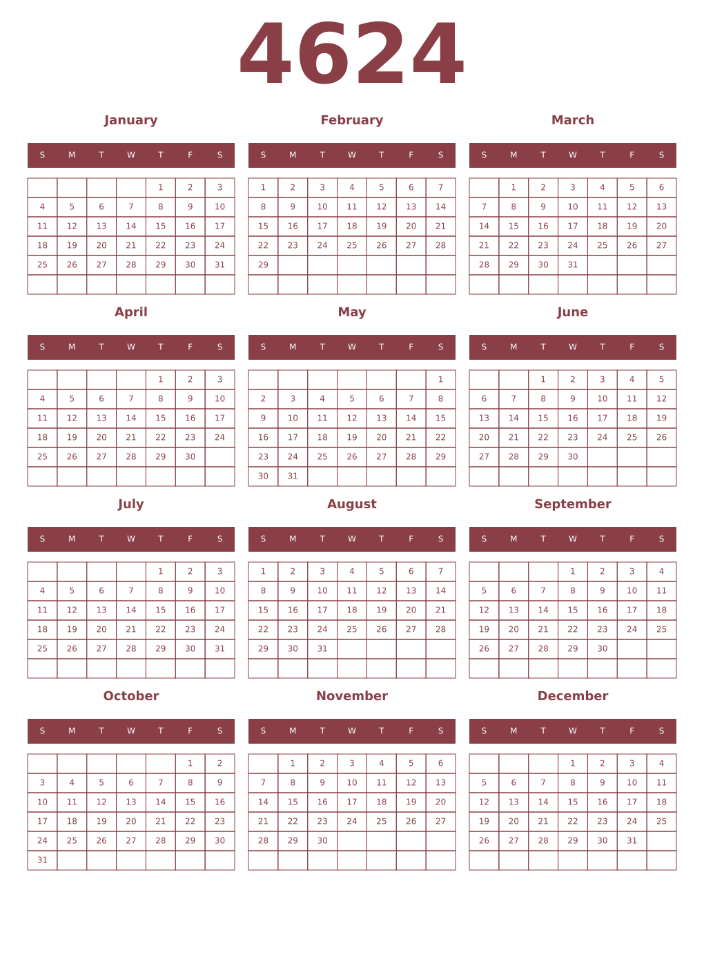 Printable 4624 Year Calendars cordovan