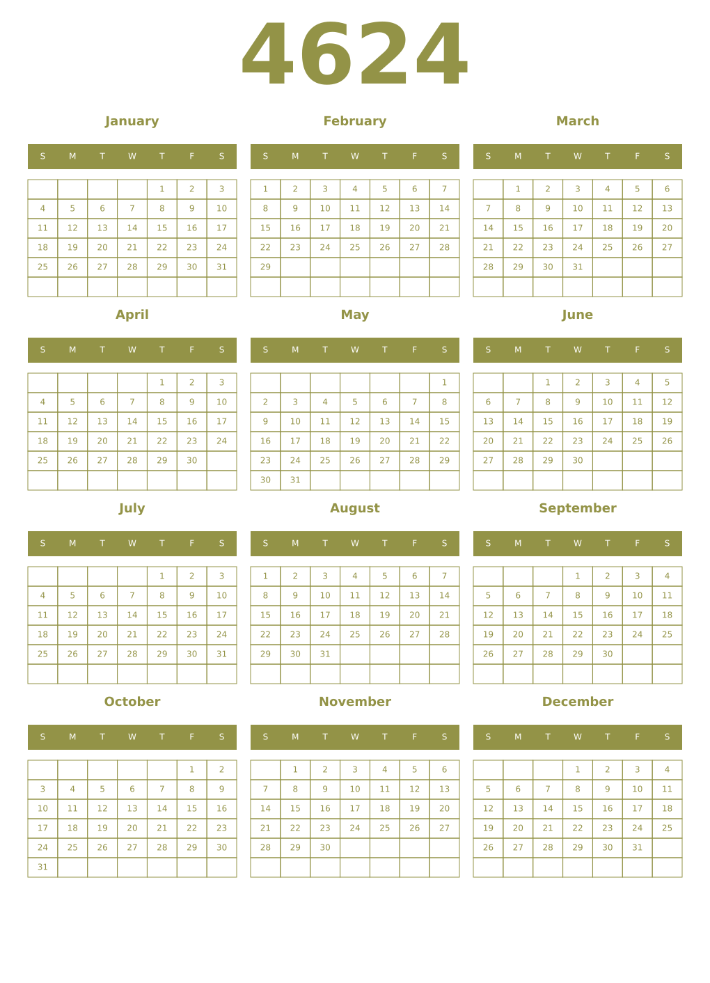 Printable 4624 Year Calendars eburnean