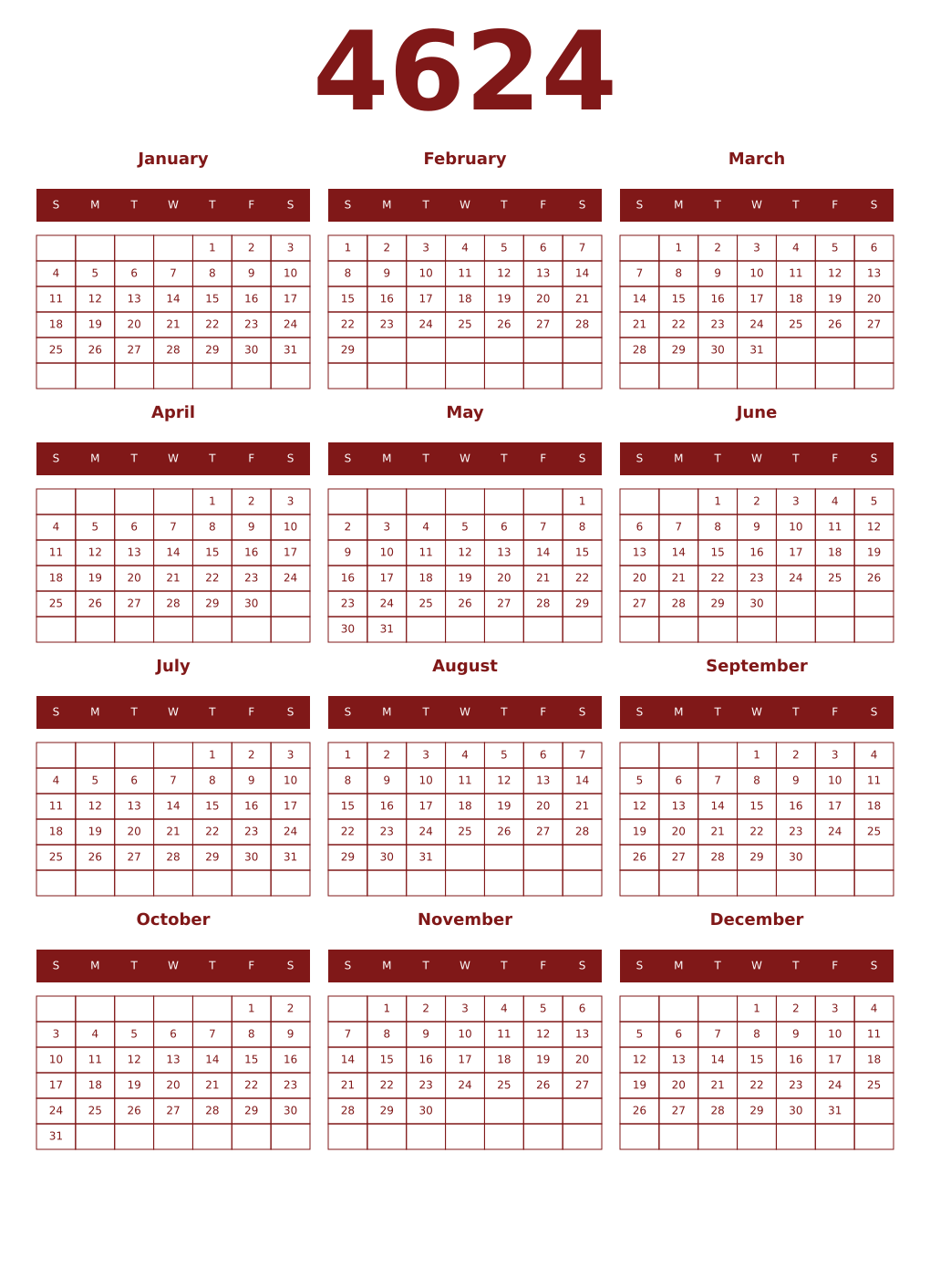 Printable 4624 Year Calendars falu
