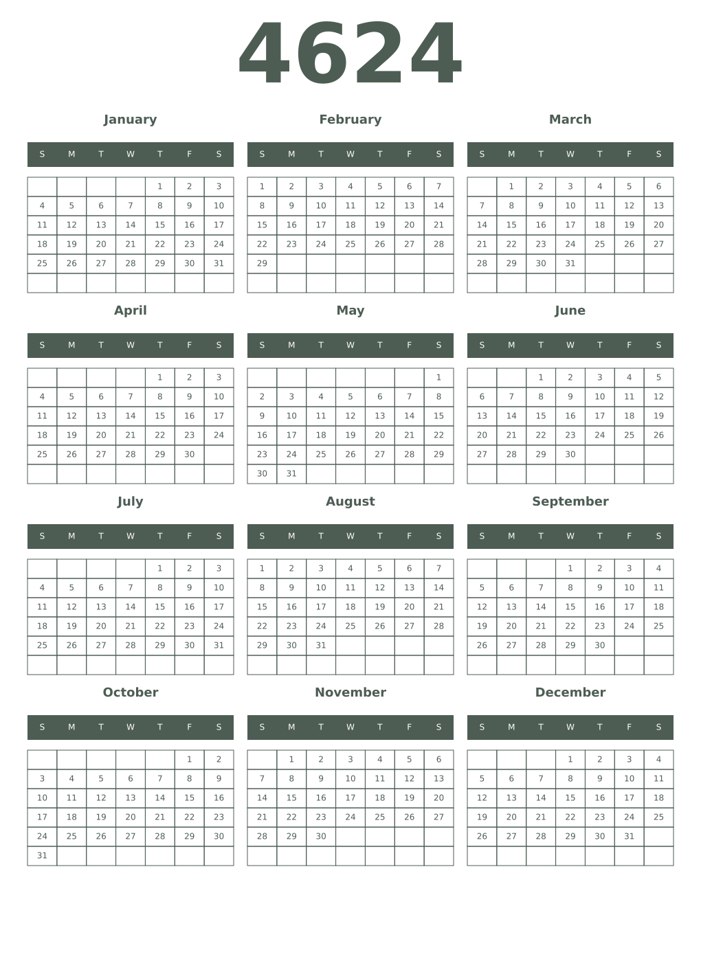 Printable 4624 Year Calendars feldgrau