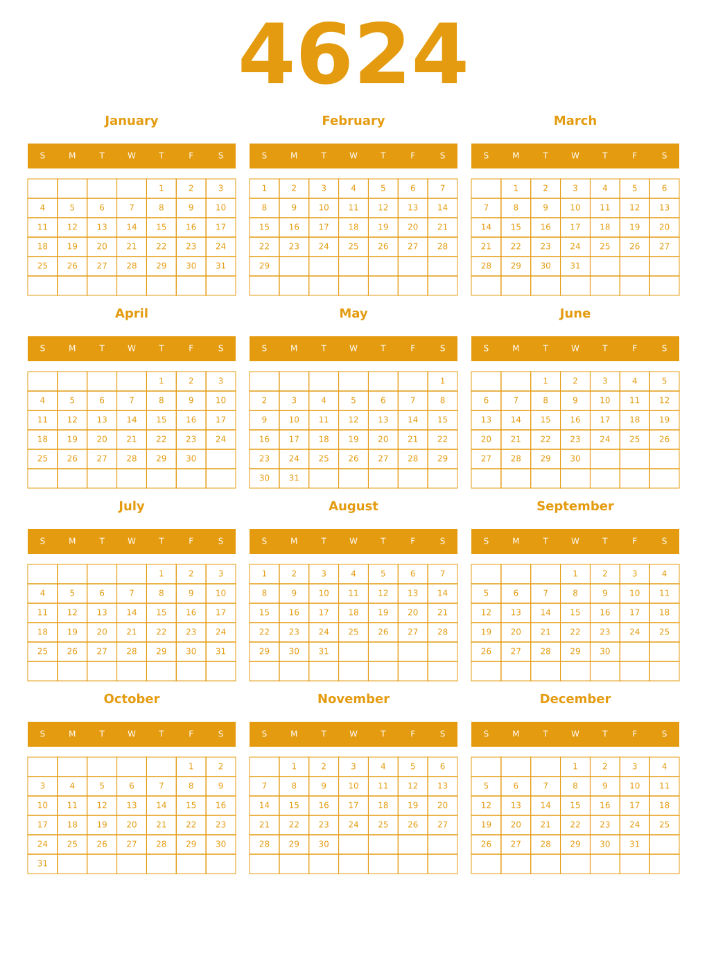 Printable 4624 Year Calendars gamboge