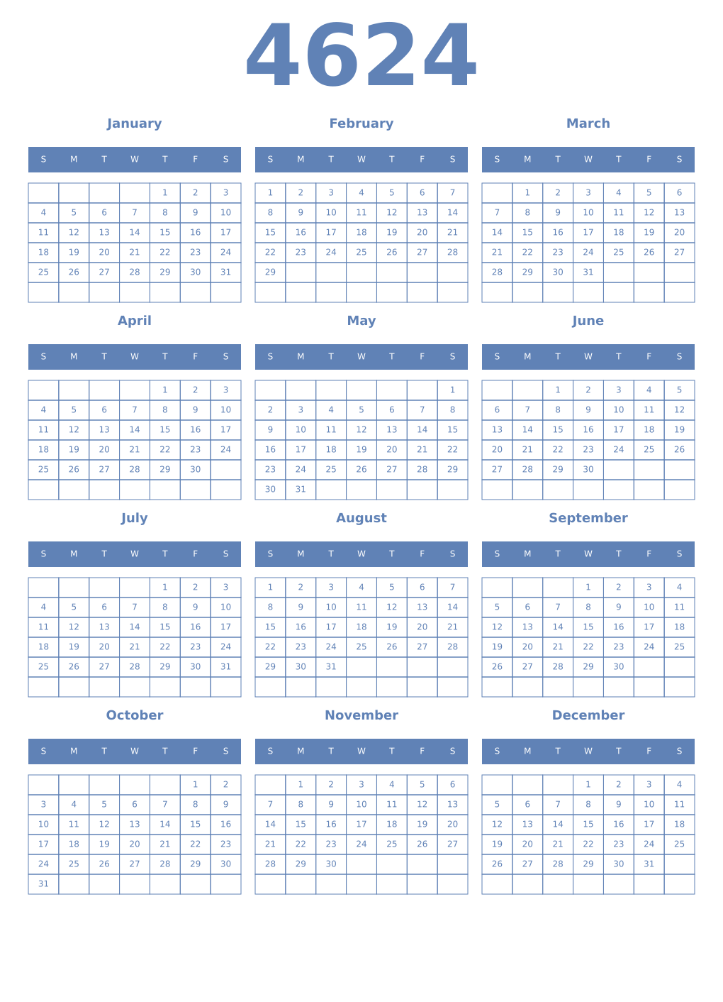 Printable 4624 Year Calendars glaucous