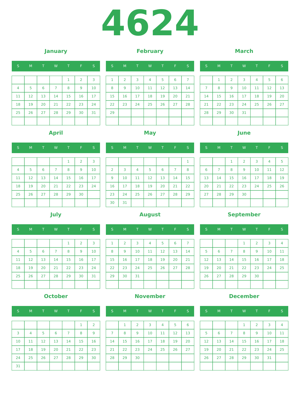 Printable 4624 Year Calendars green