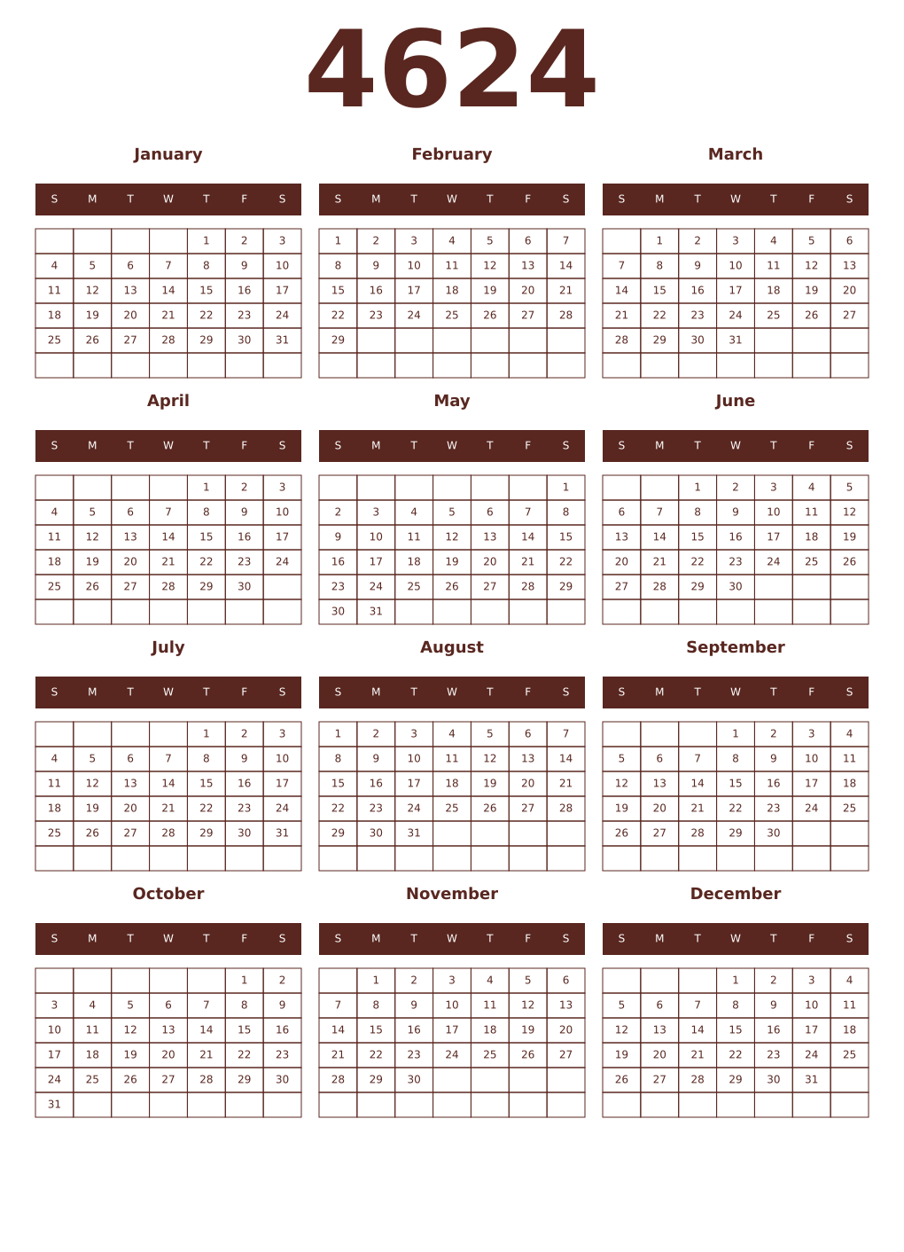 Printable 4624 Year Calendars mortuum
