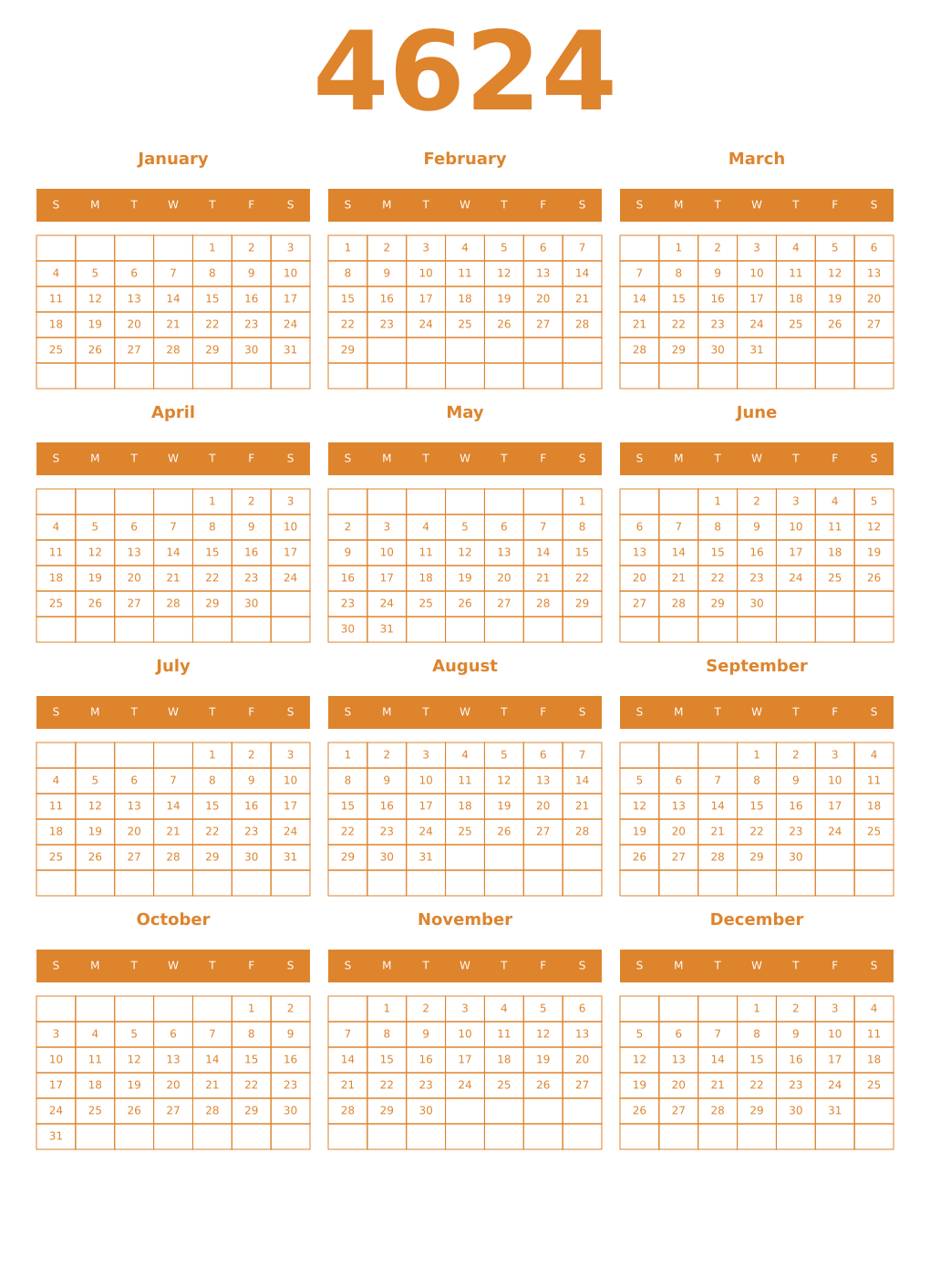 Printable 4624 Year Calendars orange