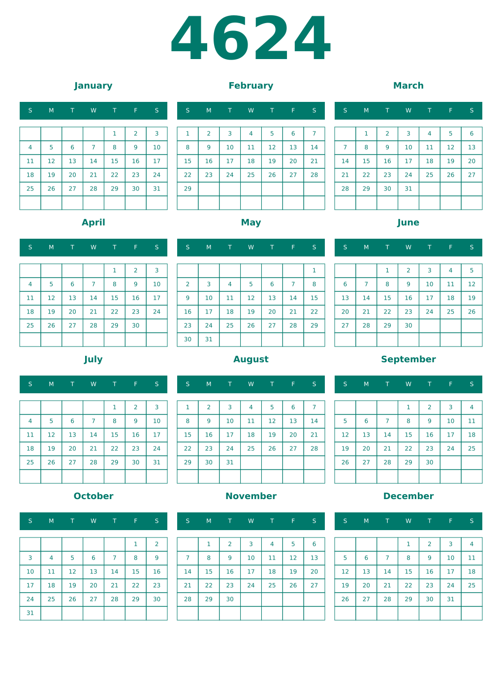 Printable 4624 Year Calendars pastel