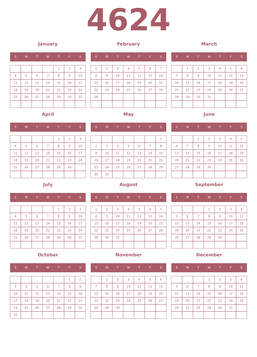 Printable 4624 Year Calendars puce